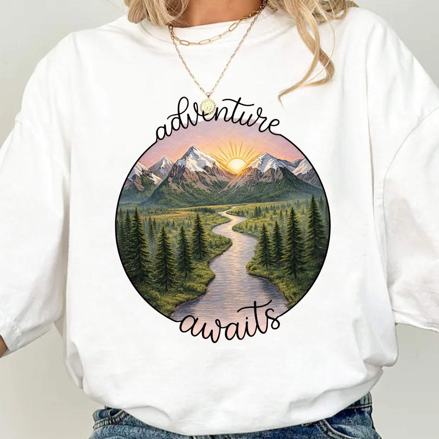 Adventure Awaits Mountain River T-Shirt, Scenic Nature Landscape Graphic Tee, Outdoor Hiking Travel Shirt