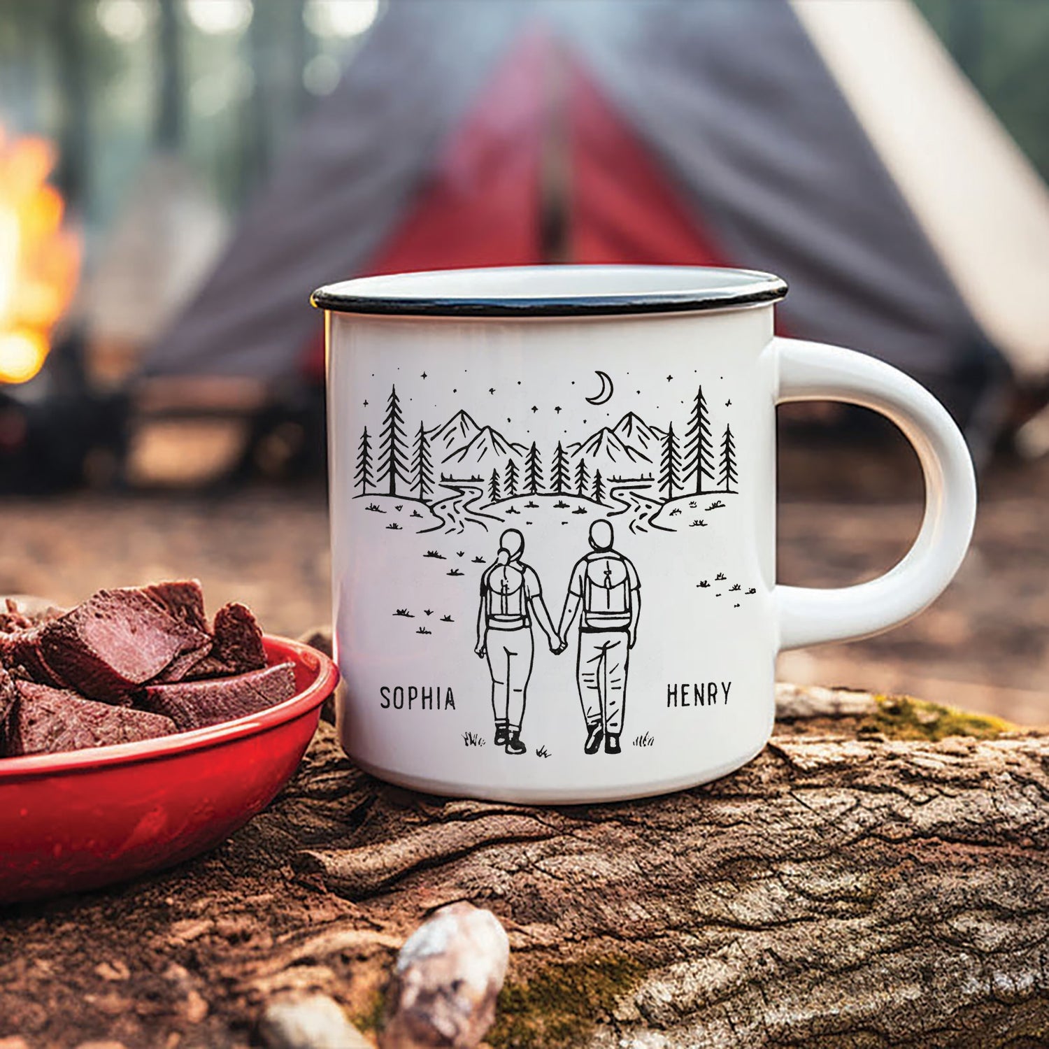 Personalized Couple Camping Mug – Custom Name Coffee Mug, Romantic Hiking Gift for Couples