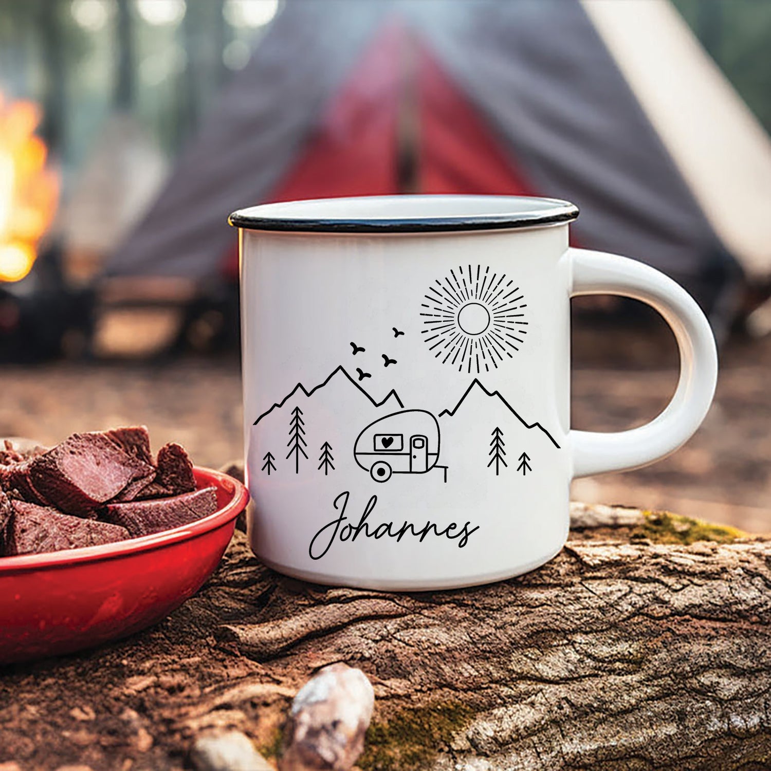 Personalized Camping Mug – Custom Name Enamel Camper Coffee Cup, Outdoor Gift for Camp Lovers