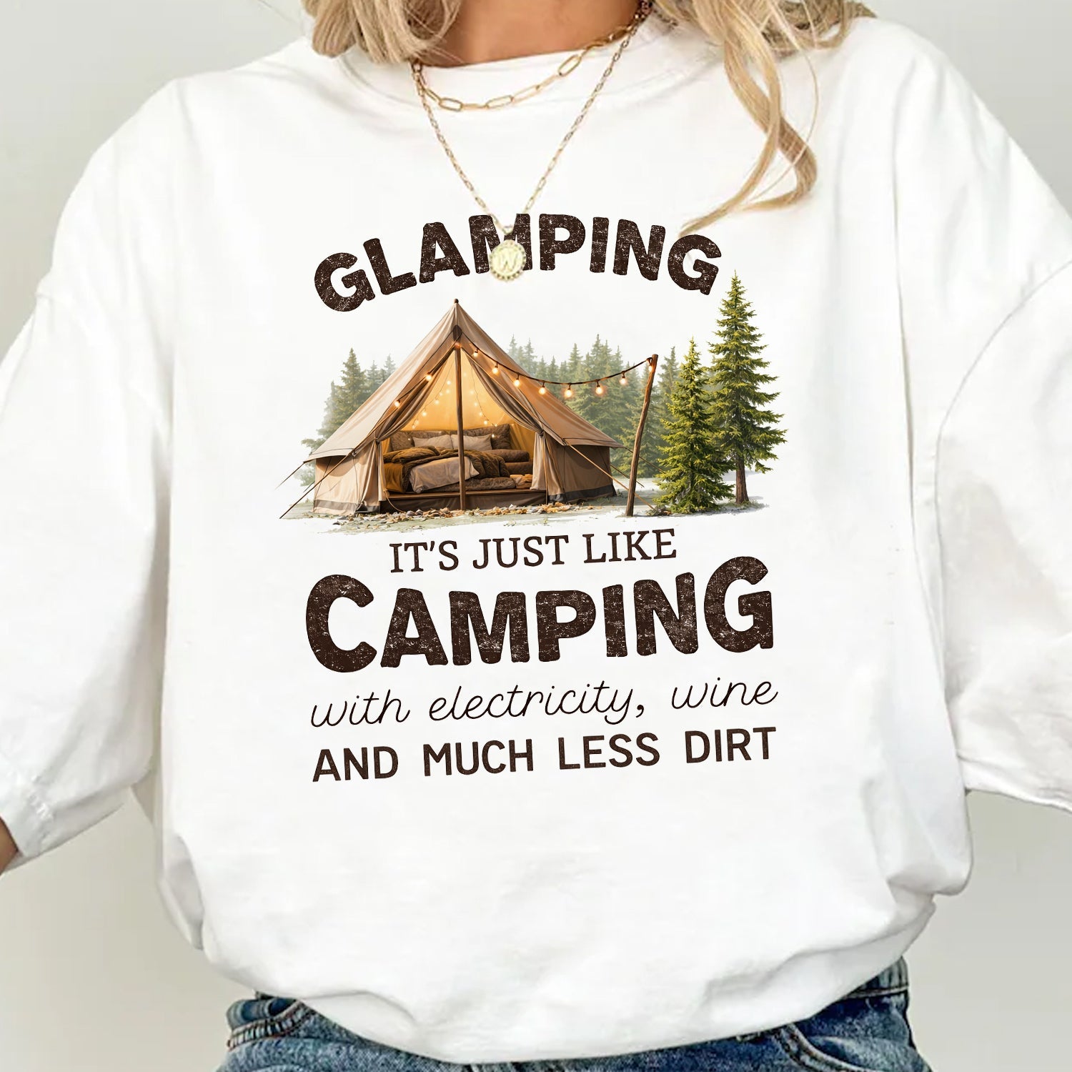 Glamping Funny T-Shirt – Camping With Electricity Wine Shirt, Glam Outdoor Humor Tee