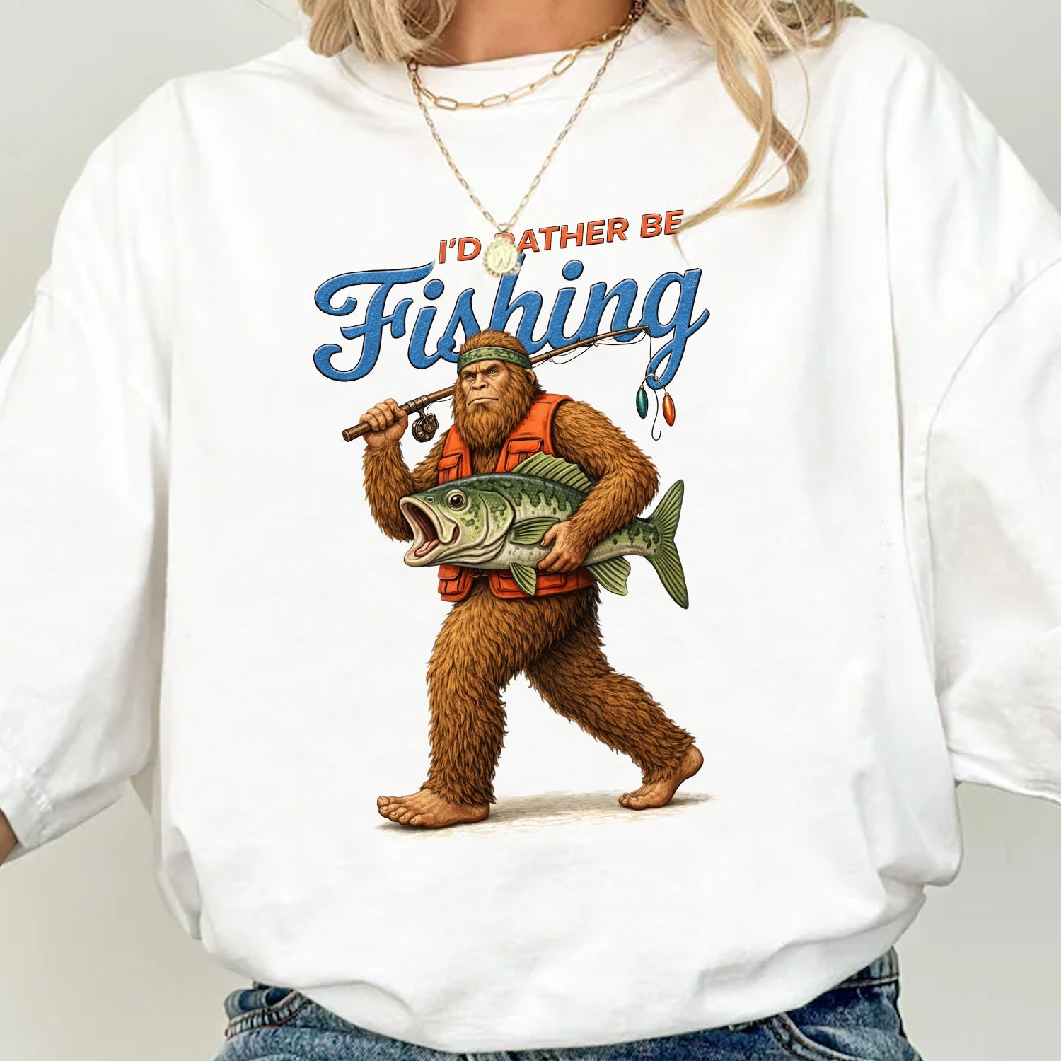 I’d Rather Be Fishing Bigfoot T-Shirt, Sasquatch Fisherman Graphic Tee, Funny Fishing Outdoor Nature Shirt