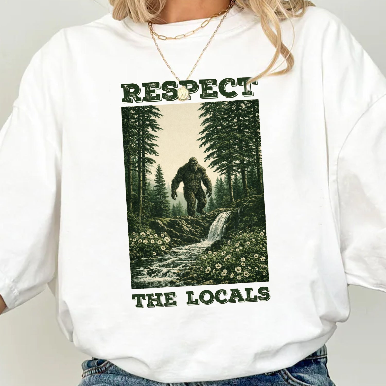 Respect The Locals Bigfoot T-Shirt, Sasquatch Forest Waterfall Graphic Tee, Funny Wilderness Outdoor Nature Shirt