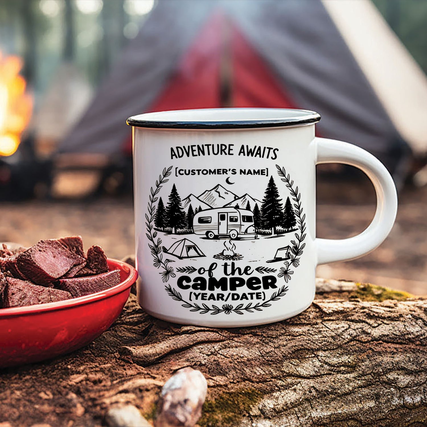 Personalized Camping Mug – Adventure Awaits Custom Name Coffee Cup, Camper Gift for Outdoor Lovers
