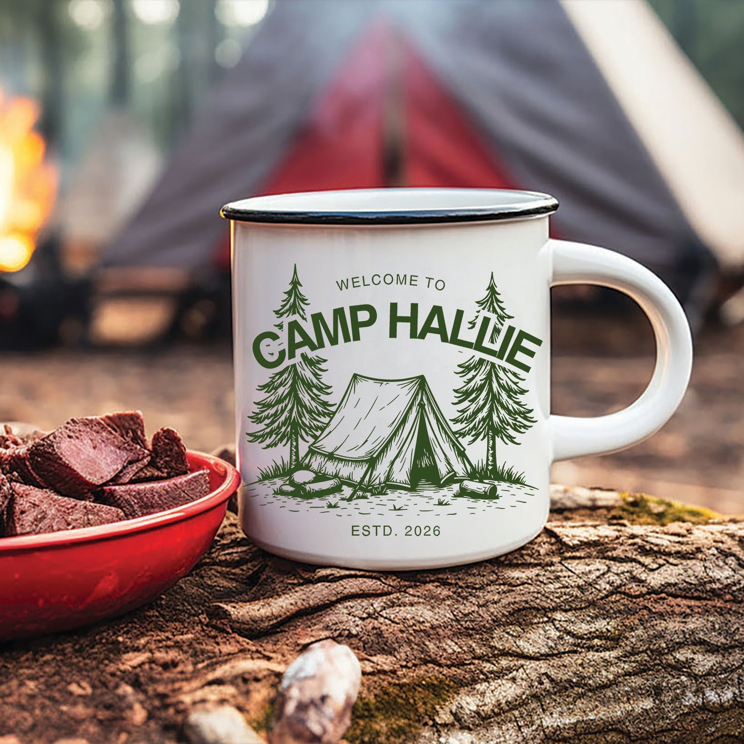 Personalized Camping Mug – Camp Name Custom Coffee Cup, Rustic Campfire Gift for Outdoor Lovers