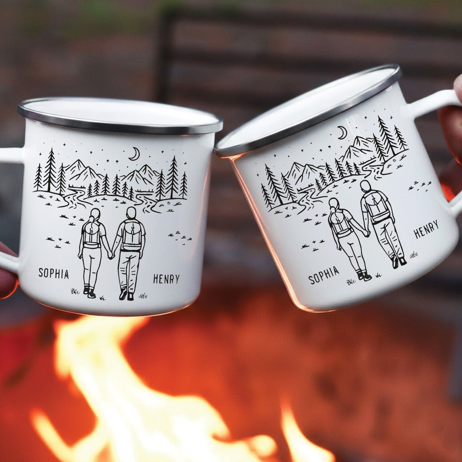 Personalized Couple Camping Mug – Custom Name Coffee Mug, Romantic Hiking Gift for Couples