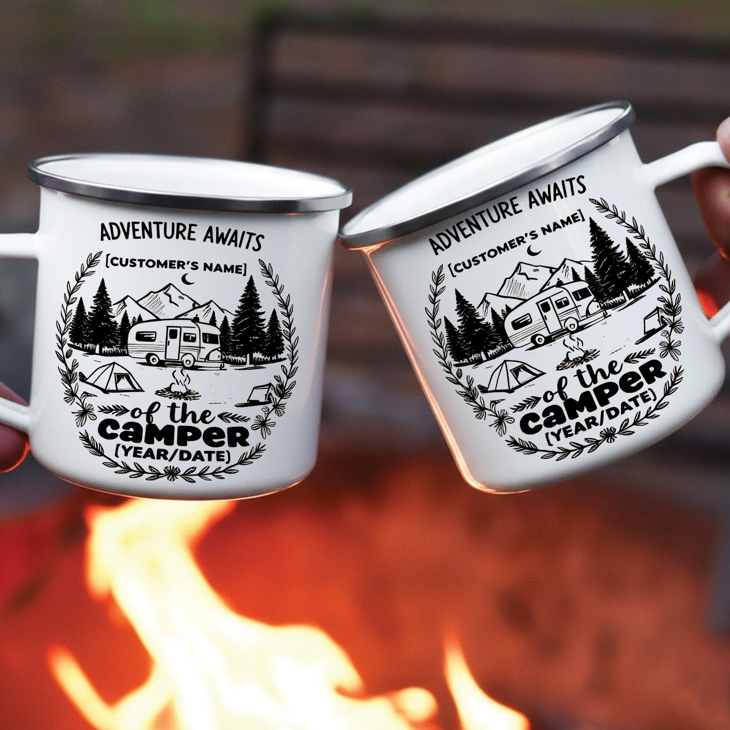 Personalized Camping Mug – Adventure Awaits Custom Name Coffee Cup, Camper Gift for Outdoor Lovers