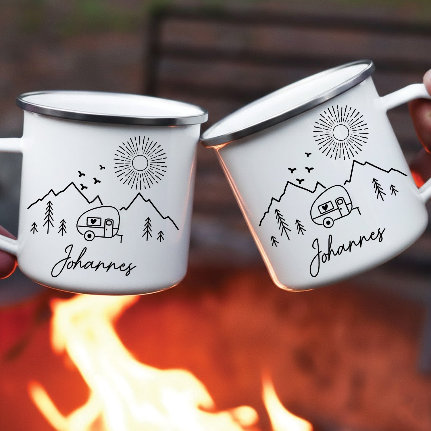 Personalized Camping Mug – Custom Name Enamel Camper Coffee Cup, Outdoor Gift for Camp Lovers