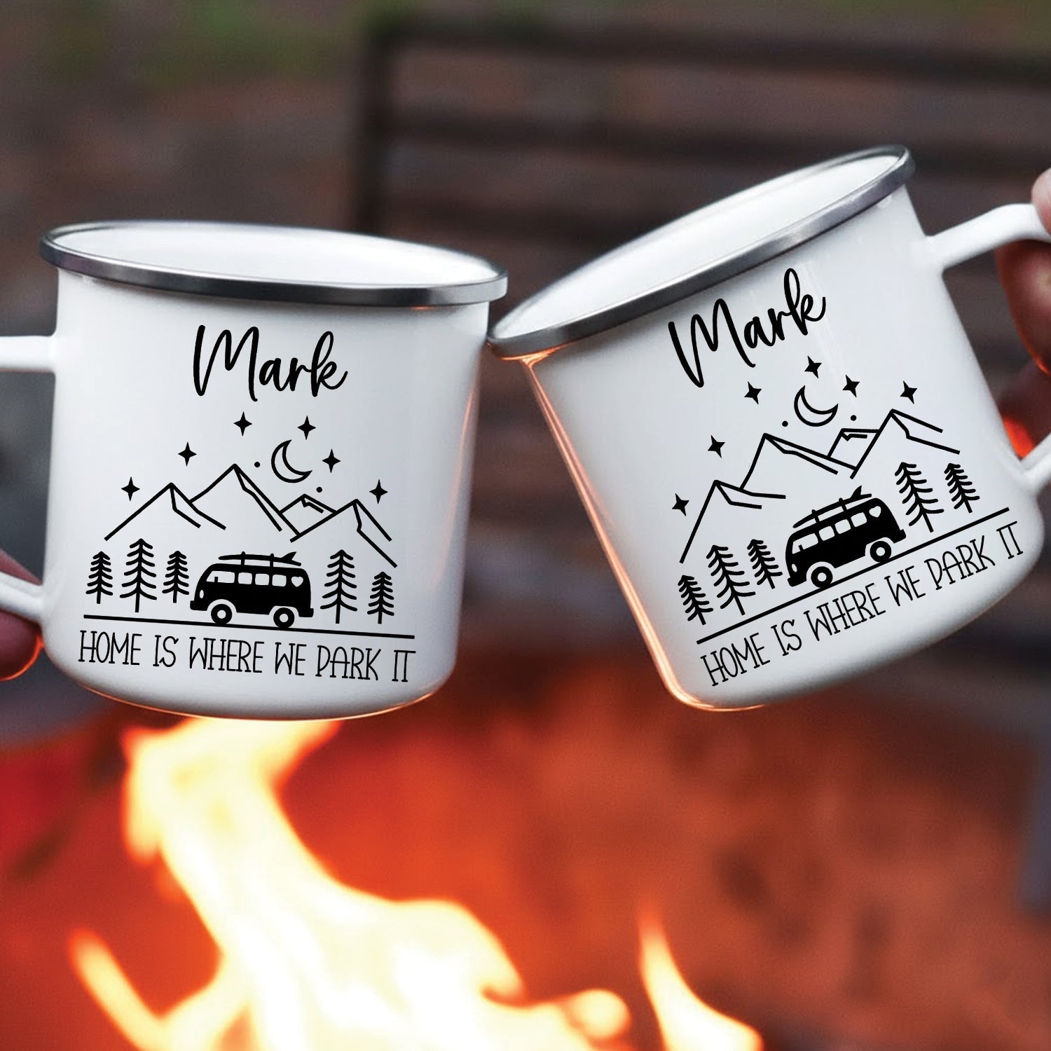 Personalized Camping Couple Mug – Custom Name Campfire Coffee Mugs, Home Is Where We Park It Gift