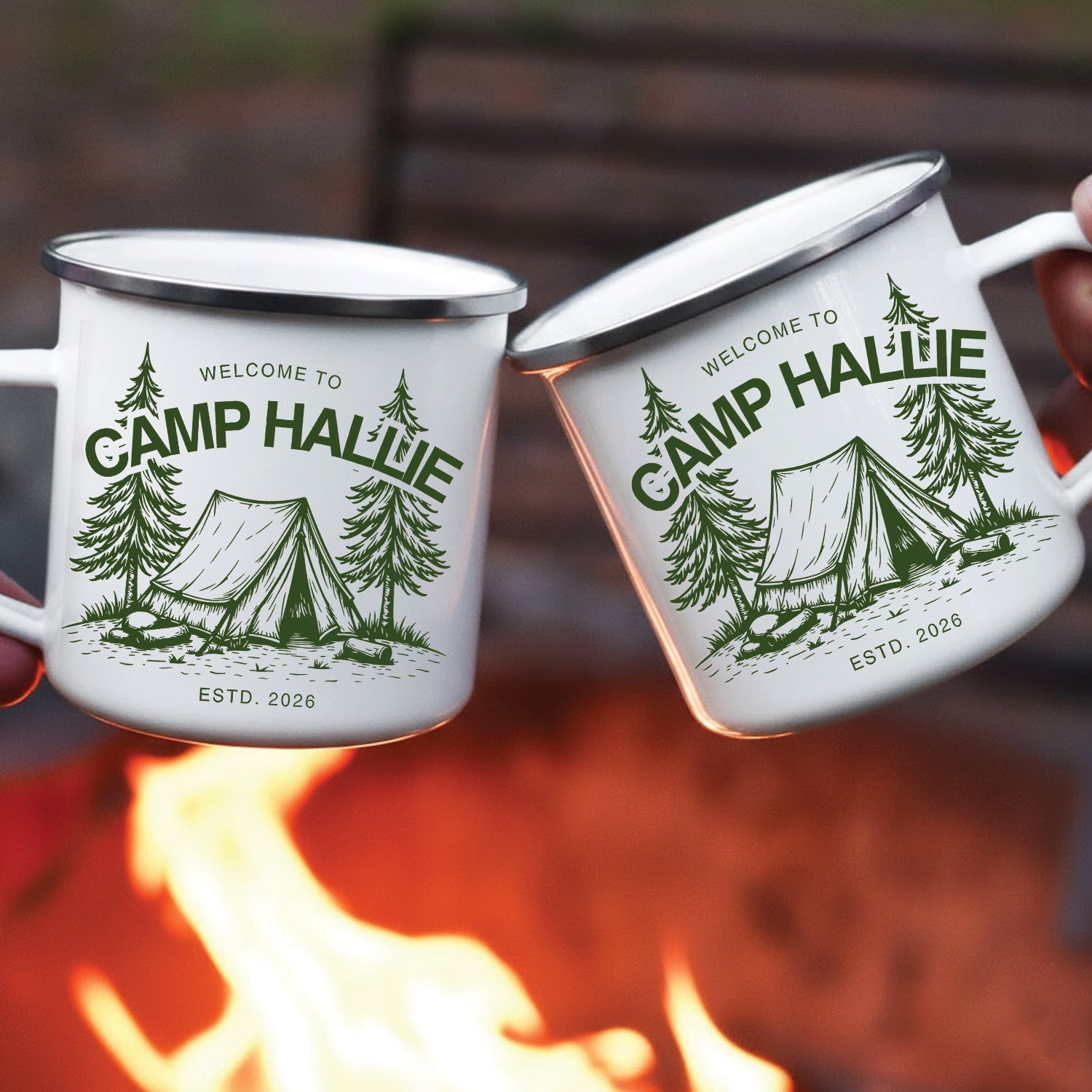 Personalized Camping Mug – Camp Name Custom Coffee Cup, Rustic Campfire Gift for Outdoor Lovers