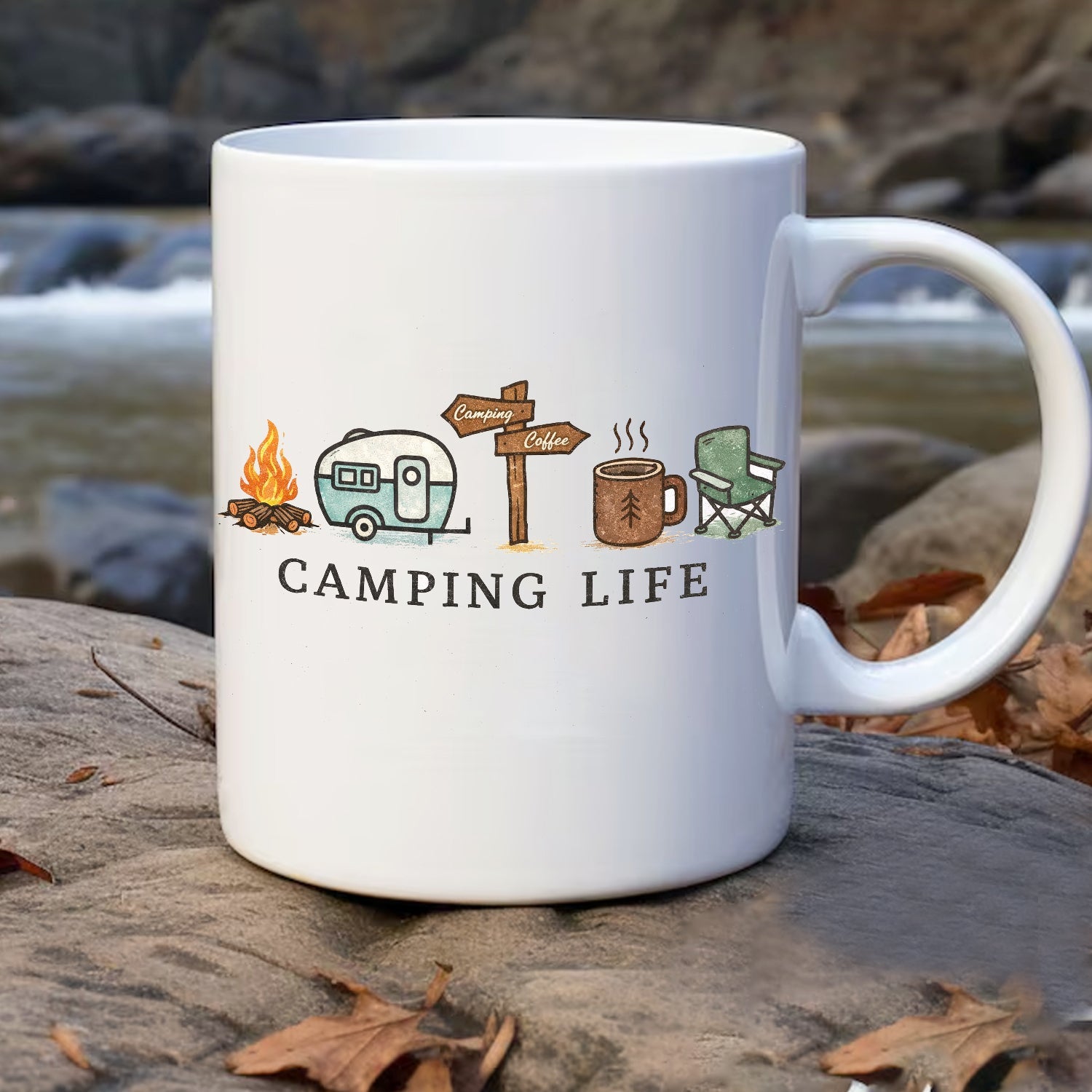 Personalized Life Coffee Mug – Cute Camp Icons Mug, Camping Coffee Gift, Outdoor Lover Ceramic Mug