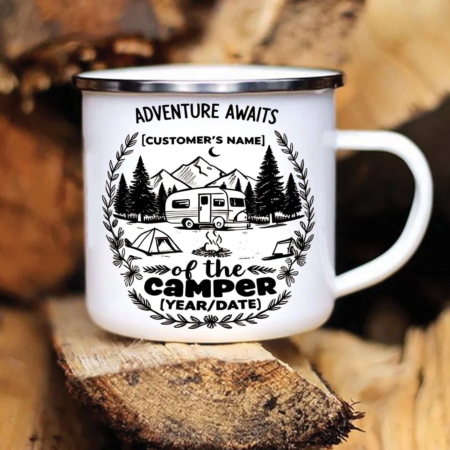 Personalized Camping Mug – Adventure Awaits Custom Name Coffee Cup, Camper Gift for Outdoor Lovers