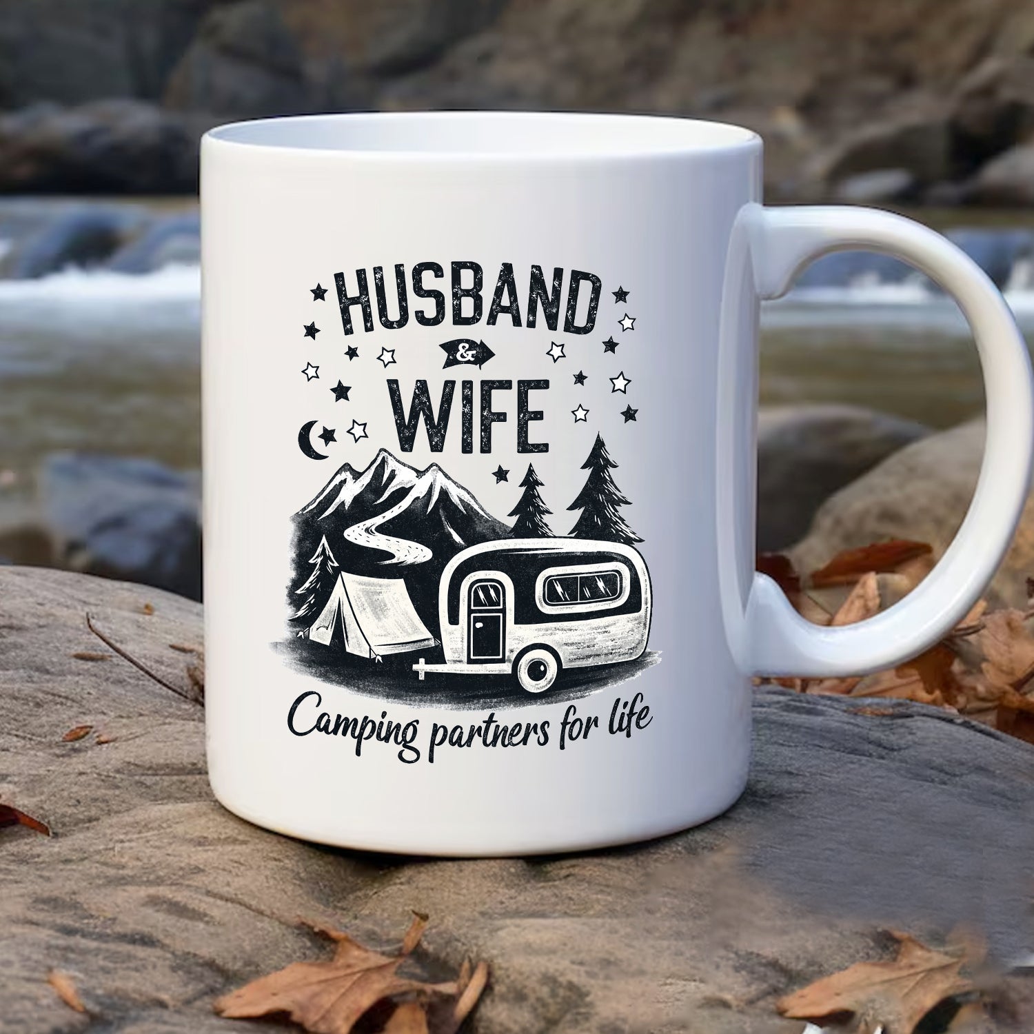 Personalized Husband and Wife Camping Mug – Camping Partners for Life Coffee Cup, Anniversary Gift for Couples