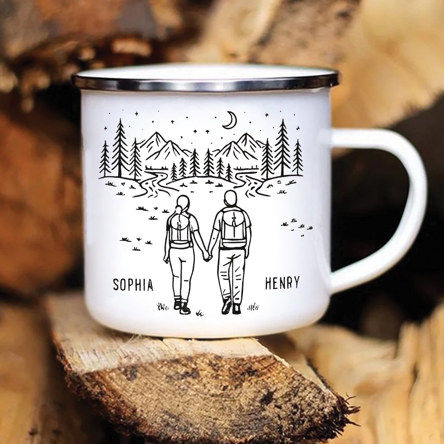 Personalized Couple Camping Mug – Custom Name Coffee Mug, Romantic Hiking Gift for Couples
