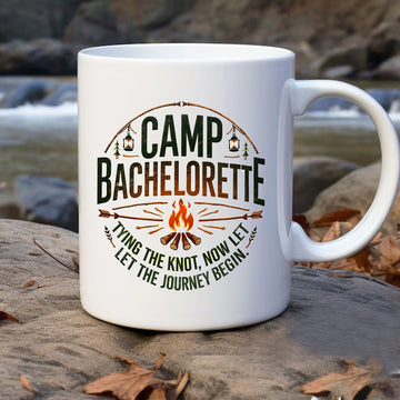 Personalized Camp Bachelorette Coffee Mug - Bride To Be Camping Gift, Bridesmaid Squad Trip Mug, Outdoor Bridal Shower Cup