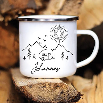 Personalized Camping Mug – Custom Name Enamel Camper Coffee Cup, Outdoor Gift for Camp Lovers