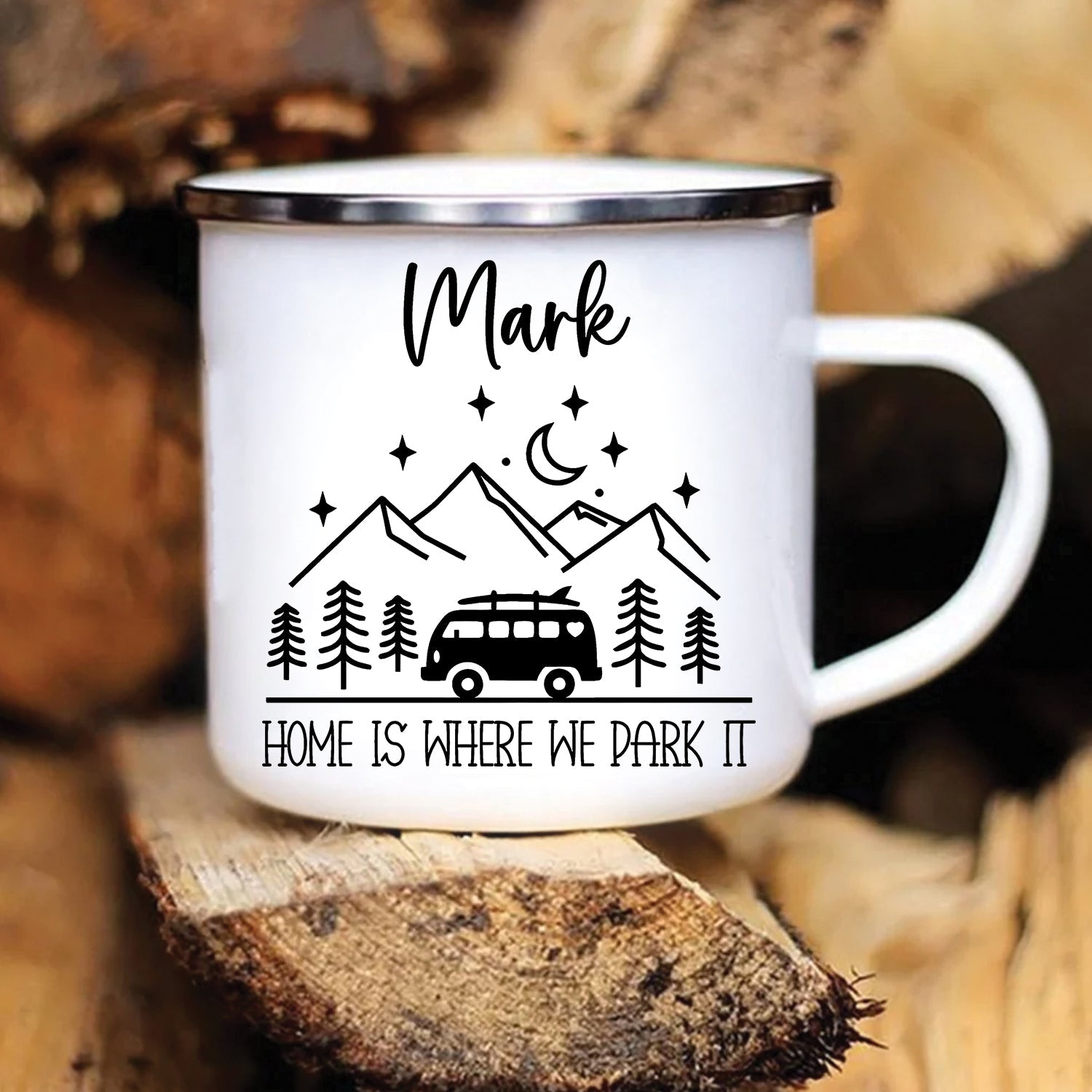 Personalized Camping Couple Mug – Custom Name Campfire Coffee Mugs, Home Is Where We Park It Gift