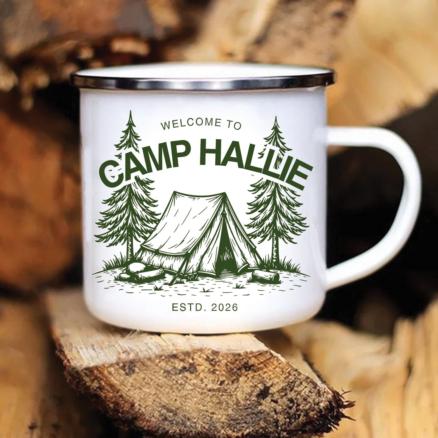 Personalized Camping Mug – Camp Name Custom Coffee Cup, Rustic Campfire Gift for Outdoor Lovers
