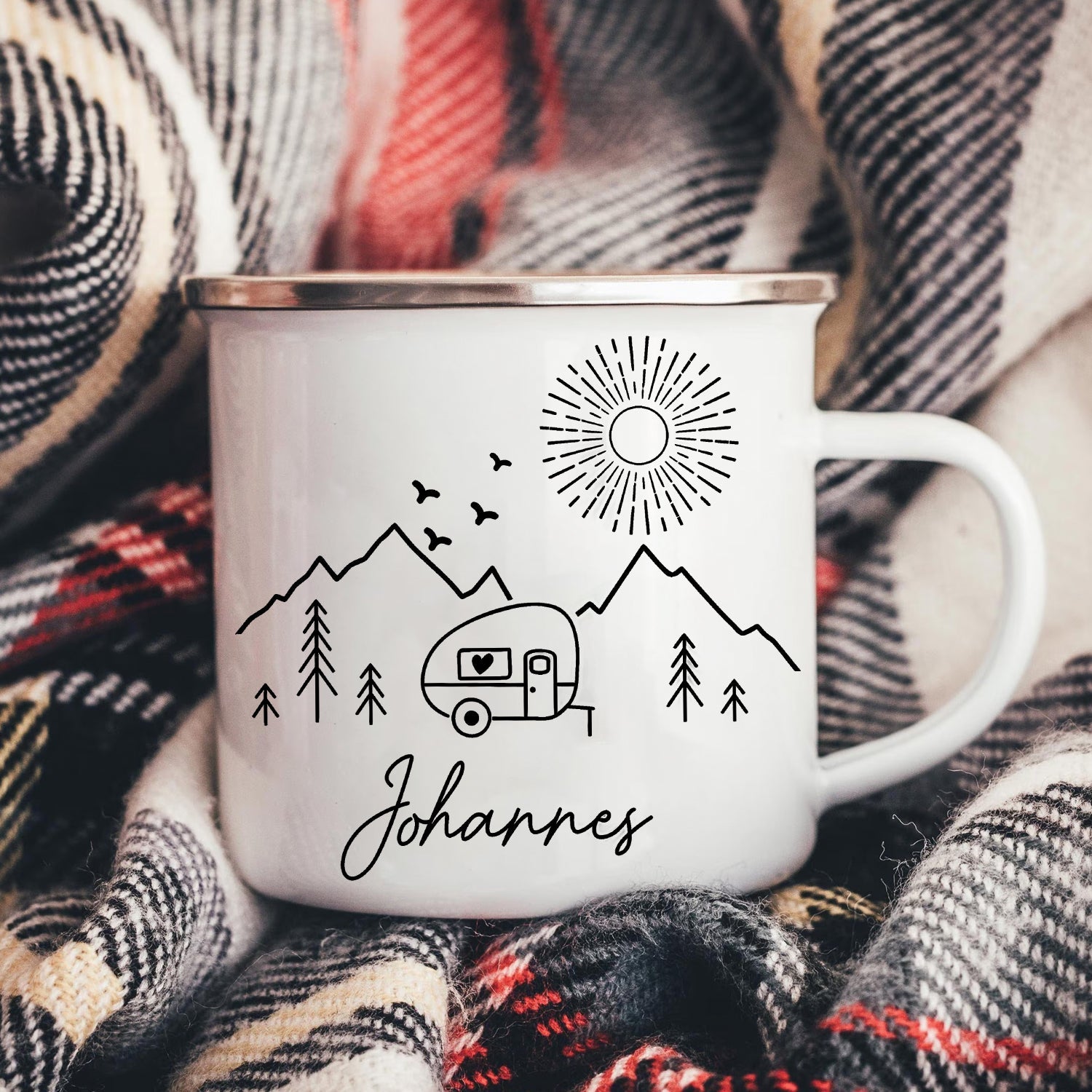 Personalized Camping Mug – Custom Name Enamel Camper Coffee Cup, Outdoor Gift for Camp Lovers