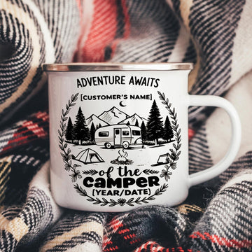 Personalized Camping Mug – Adventure Awaits Custom Name Coffee Cup, Camper Gift for Outdoor Lovers