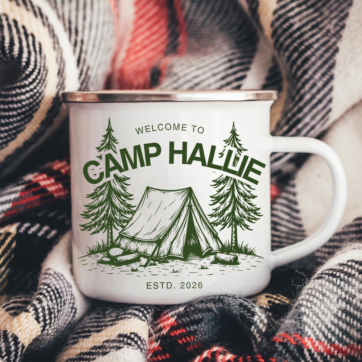 Personalized Camping Mug – Camp Name Custom Coffee Cup, Rustic Campfire Gift for Outdoor Lovers