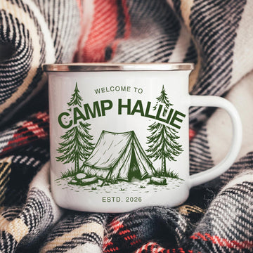 Personalized Camping Mug – Camp Name Custom Coffee Cup, Rustic Campfire Gift for Outdoor Lovers
