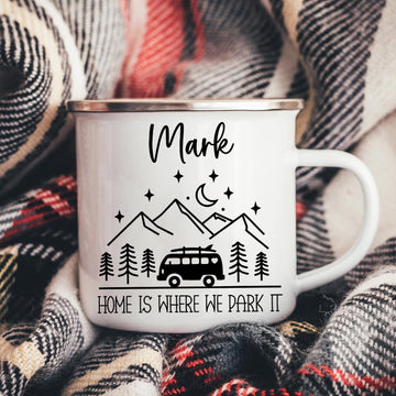 Personalized Camping Couple Mug – Custom Name Campfire Coffee Mugs, Home Is Where We Park It Gift