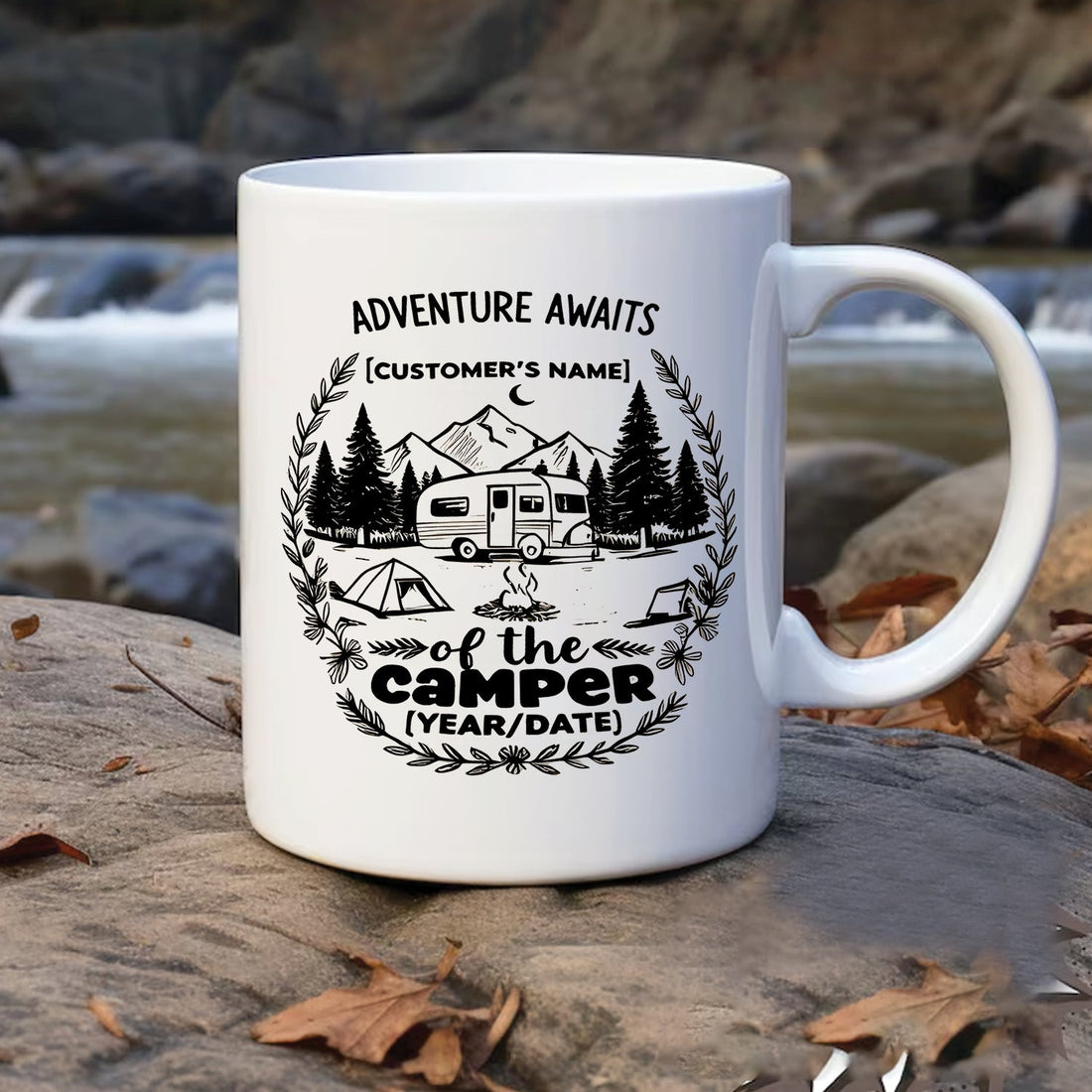 Personalized Camping Mug – Adventure Awaits Custom Name Coffee Cup, Camper Gift for Outdoor Lovers