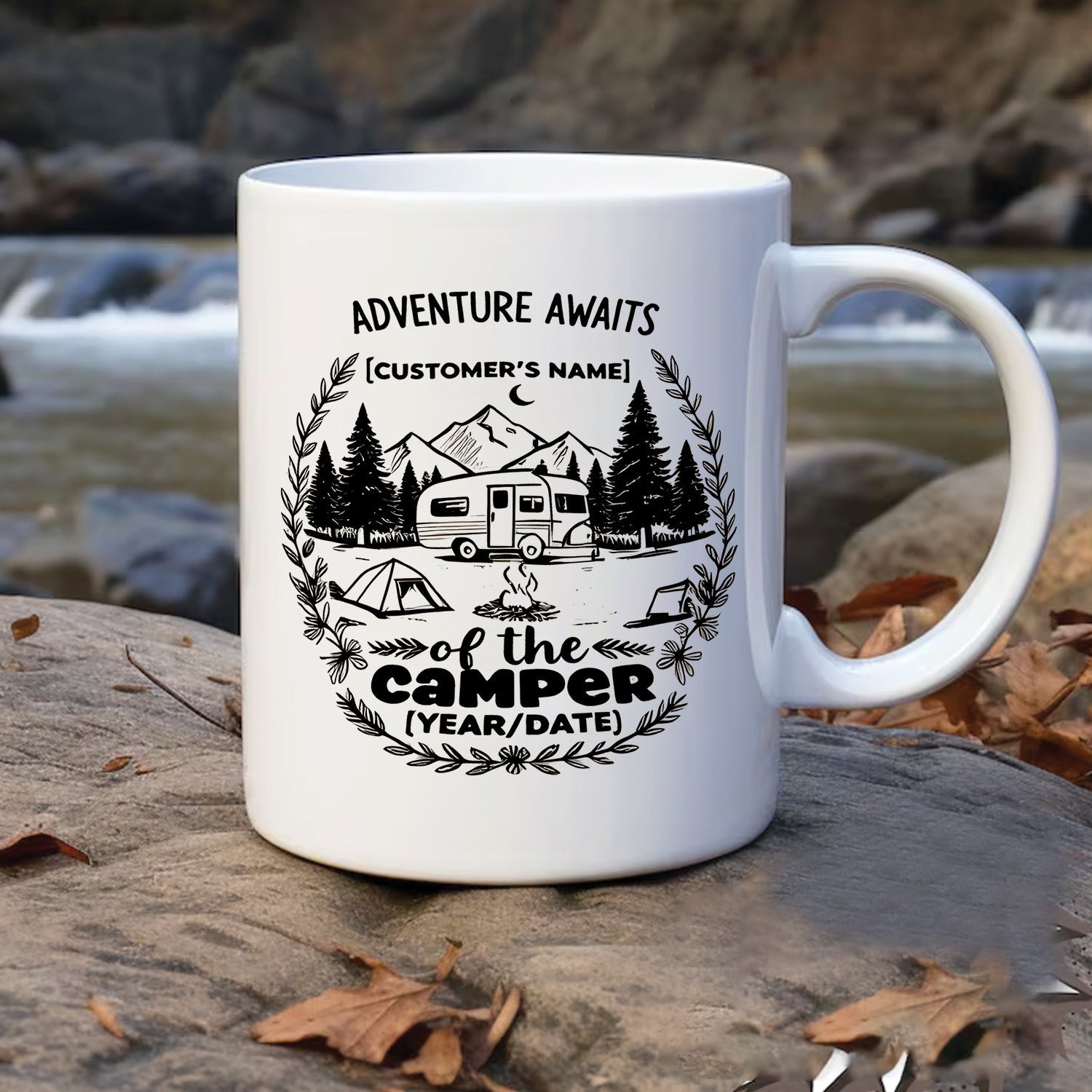 Personalized Camping Mug – Adventure Awaits Custom Name Coffee Cup, Camper Gift for Outdoor Lovers