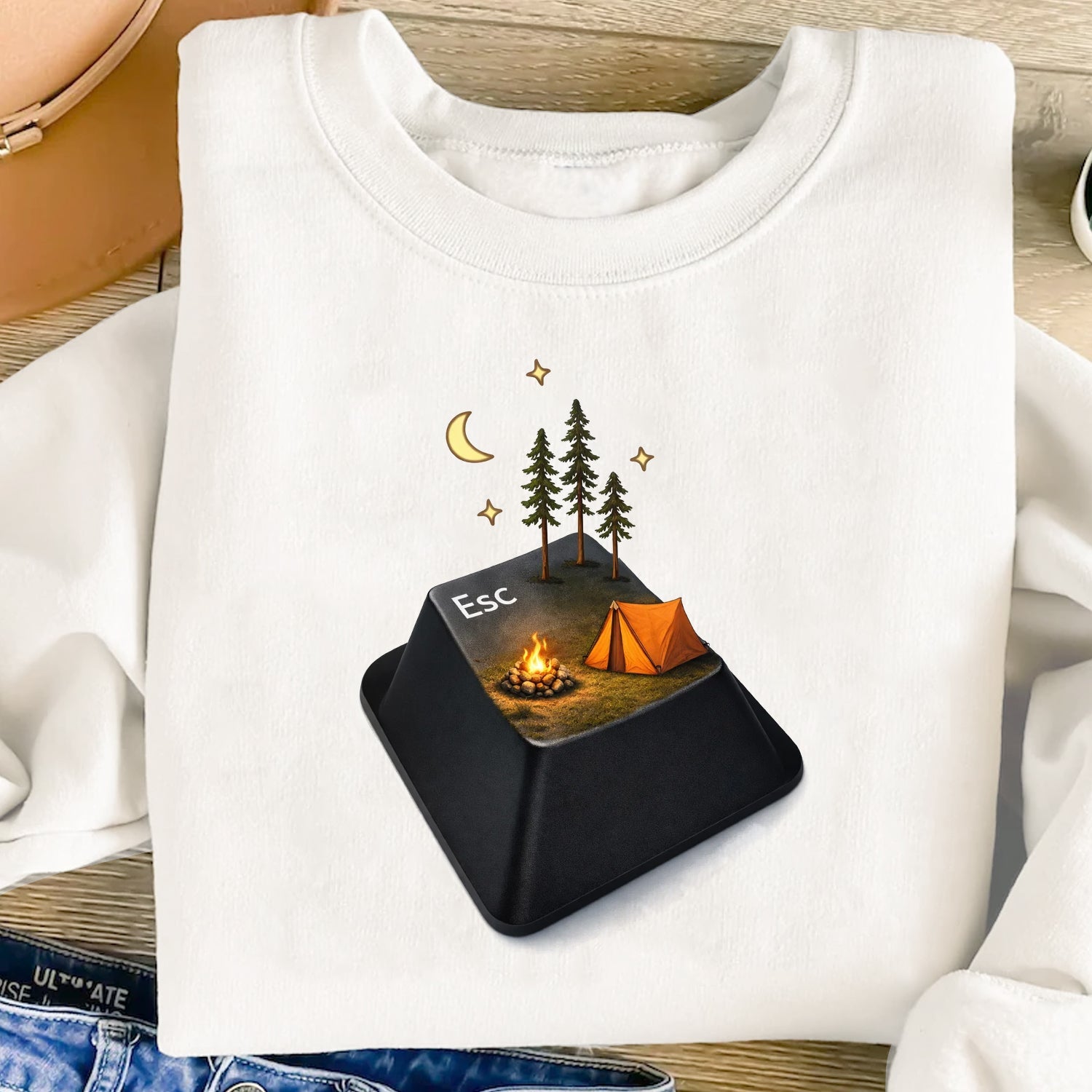 Esc Key Camping T-Shirt, Escape To Nature Campfire Tent Graphic Tee, Funny Minimalist Outdoor Adventure Shirt
