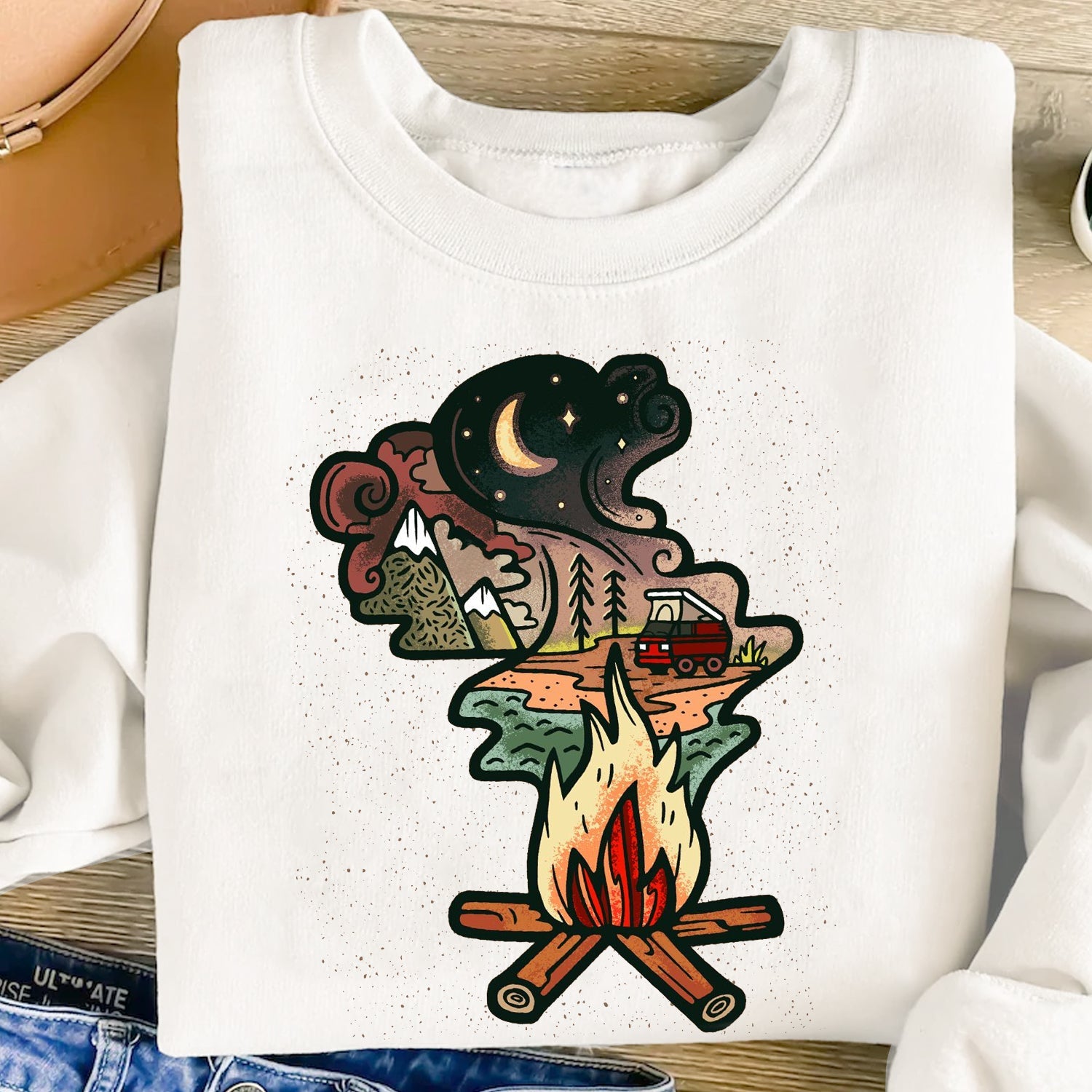 Campfire Night Adventure T-Shirt – Vintage Camping Van Mountain Campfire Graphic Tee