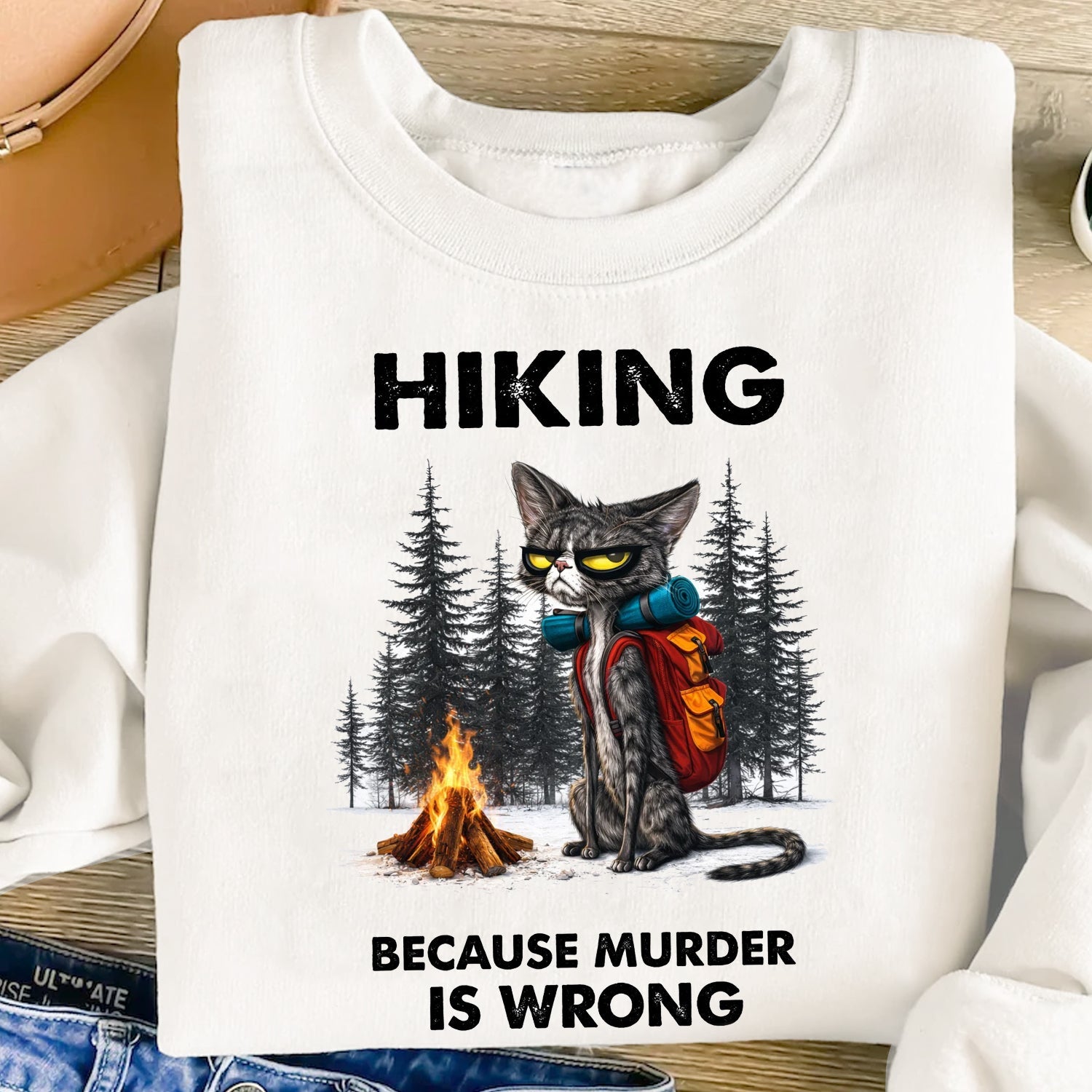 Hiking Because Murder Is Wrong Cat T-Shirt, Funny Grumpy Cat Backpack Camping Graphic Tee, Dark Humor Outdoor Hiking Shirt
