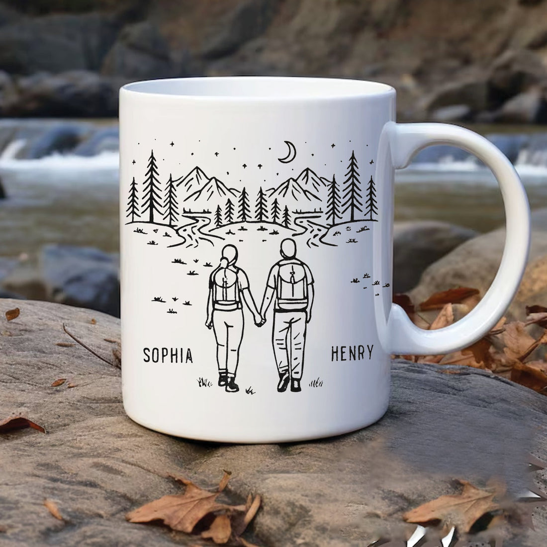 Personalized Couple Camping Mug – Custom Name Coffee Mug, Romantic Hiking Gift for Couples