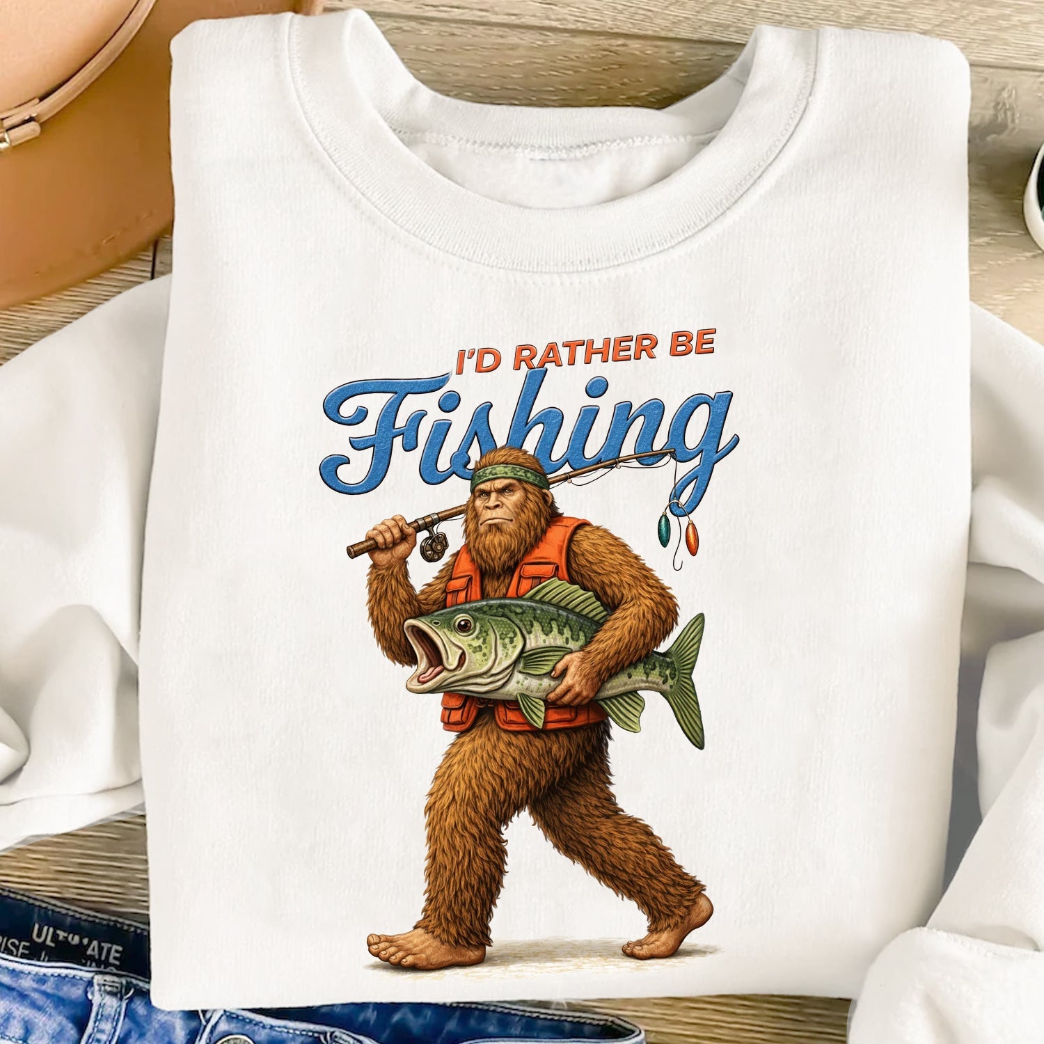 I’d Rather Be Fishing Bigfoot T-Shirt, Sasquatch Fisherman Graphic Tee, Funny Fishing Outdoor Nature Shirt