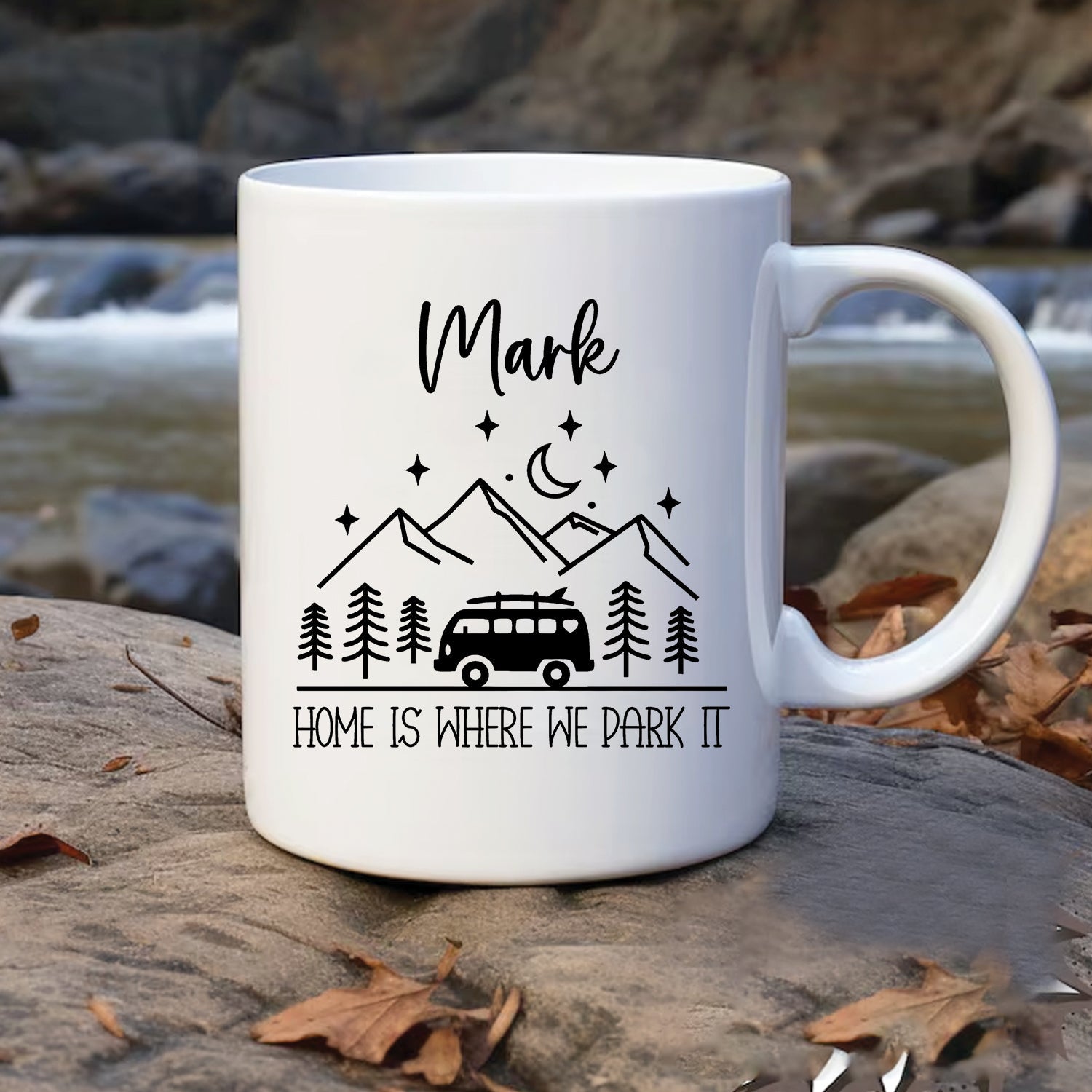 Personalized Camping Couple Mug – Custom Name Campfire Coffee Mugs, Home Is Where We Park It Gift