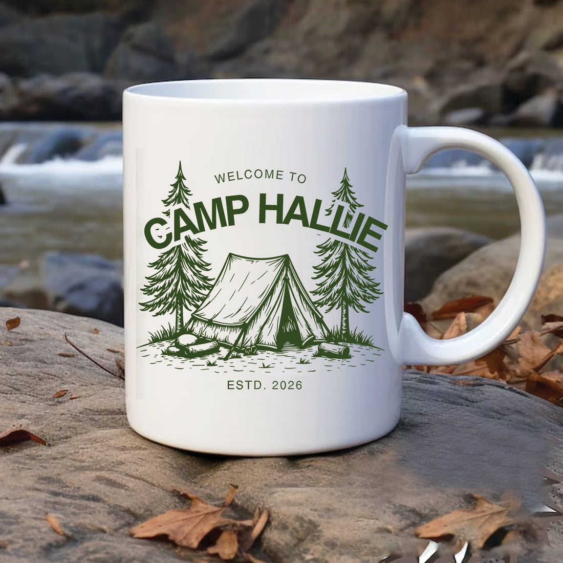 Personalized Camping Mug – Camp Name Custom Coffee Cup, Rustic Campfire Gift for Outdoor Lovers
