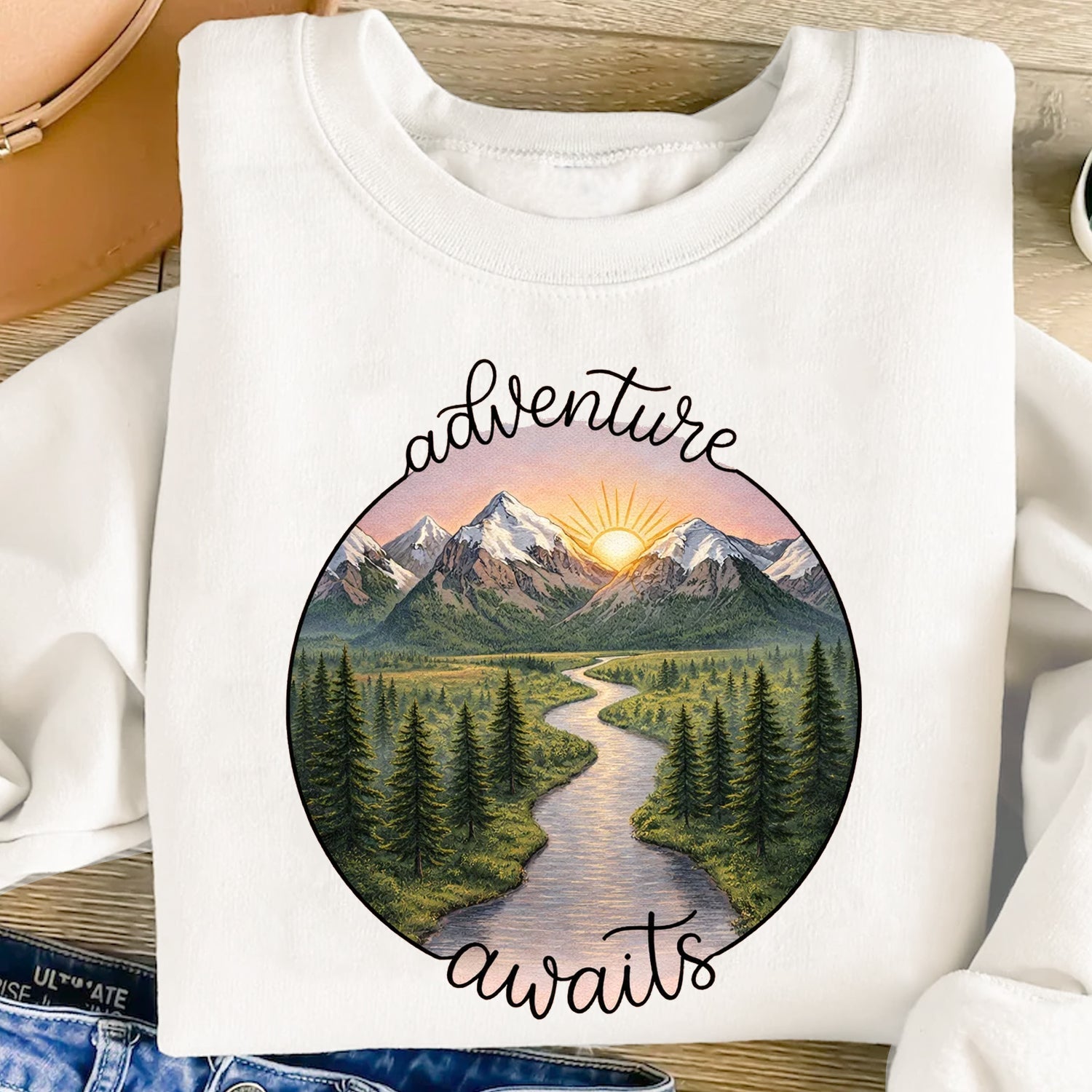 Adventure Awaits Mountain River T-Shirt, Scenic Nature Landscape Graphic Tee, Outdoor Hiking Travel Shirt