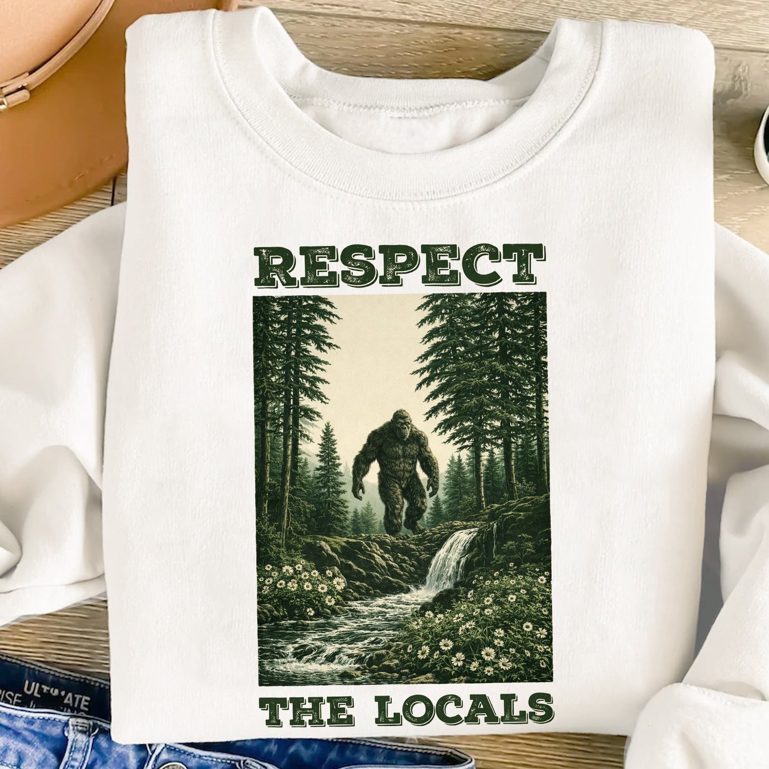 Respect The Locals Bigfoot T-Shirt, Sasquatch Forest Waterfall Graphic Tee, Funny Wilderness Outdoor Nature Shirt