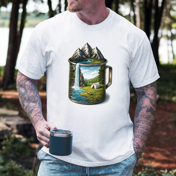 Camping Mug Landscape T-Shirt – Mountain Waterfall Coffee Cup Graphic Tee, Outdoor Adventure Nature Shirt, Camping & Hiking Lover Apparel