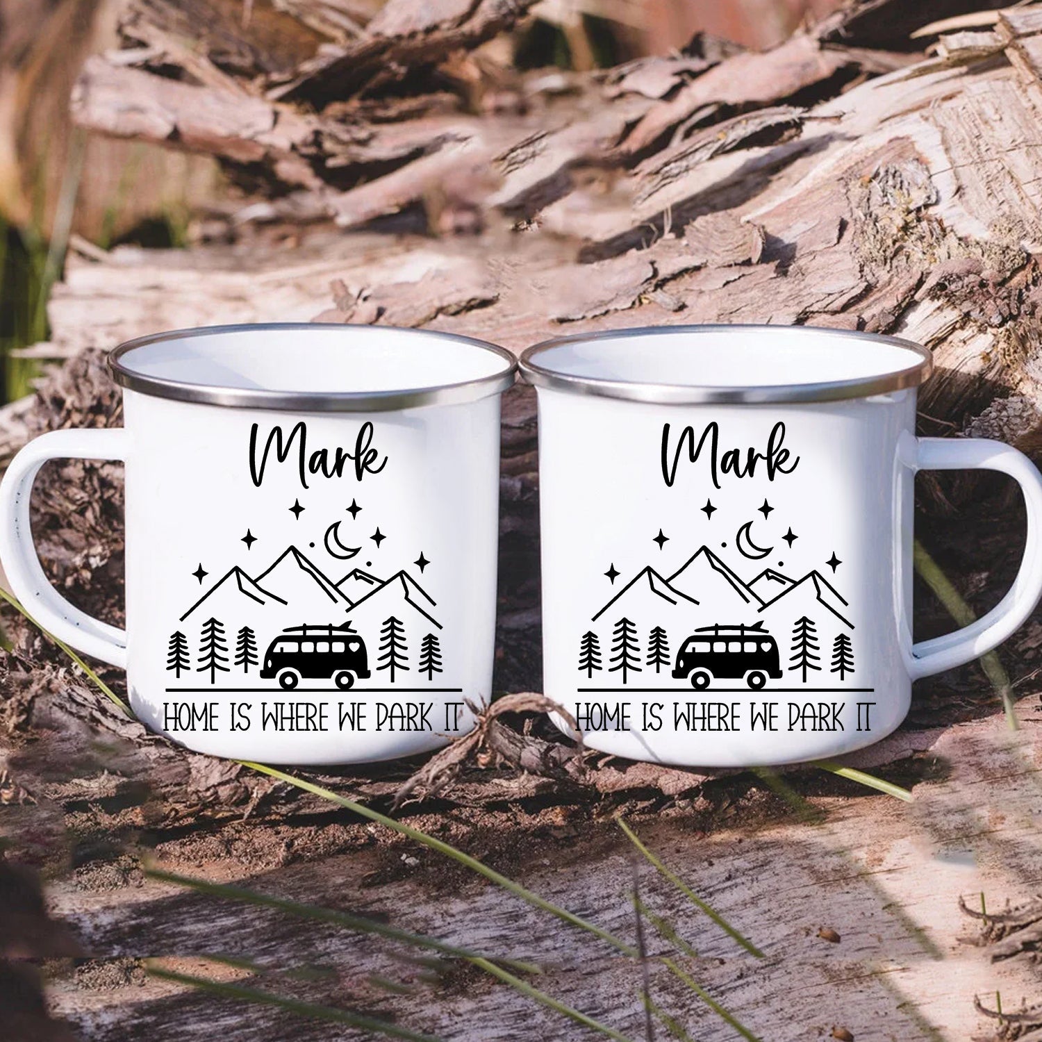 Personalized Camping Couple Mug – Custom Name Campfire Coffee Mugs, Home Is Where We Park It Gift