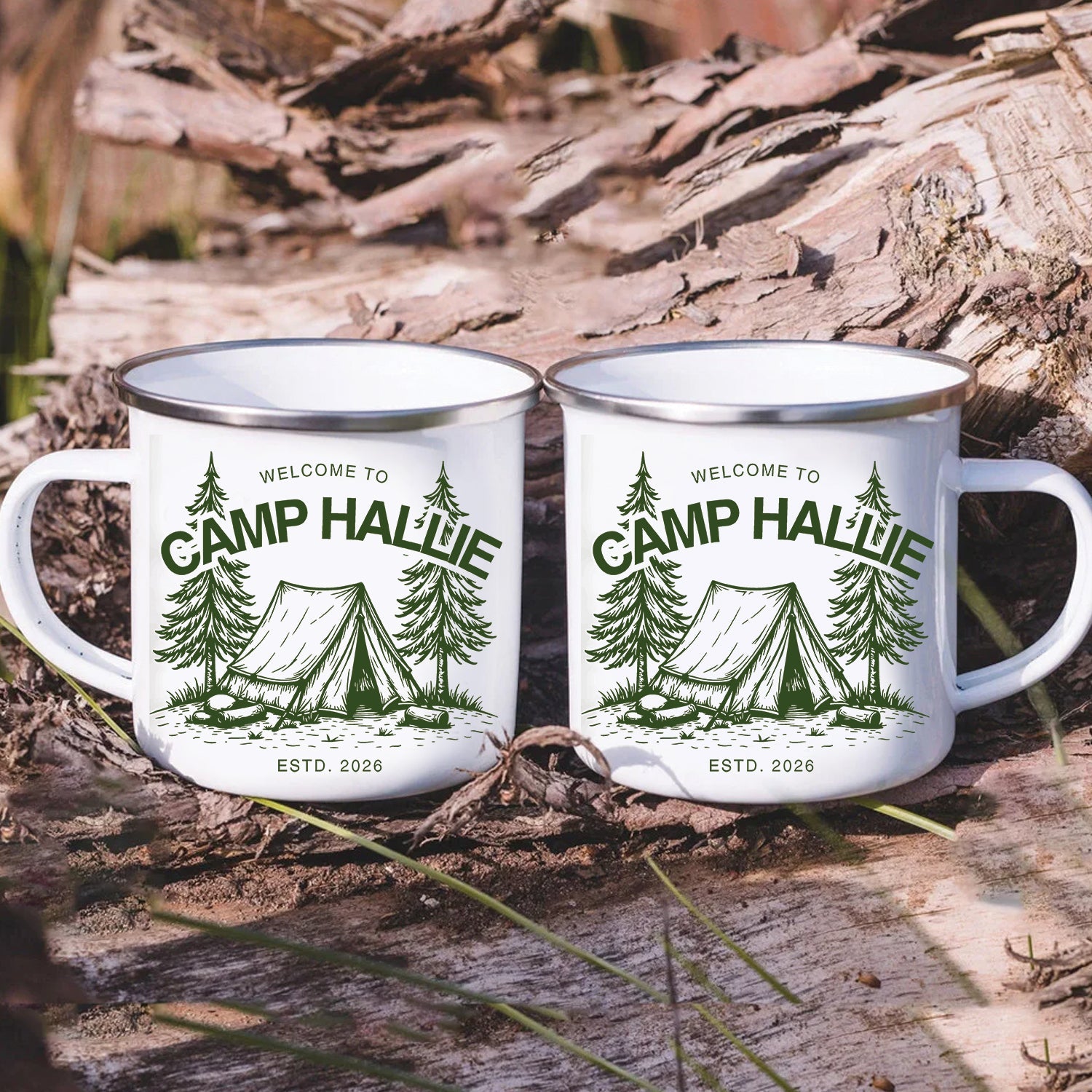 Personalized Camping Mug – Camp Name Custom Coffee Cup, Rustic Campfire Gift for Outdoor Lovers