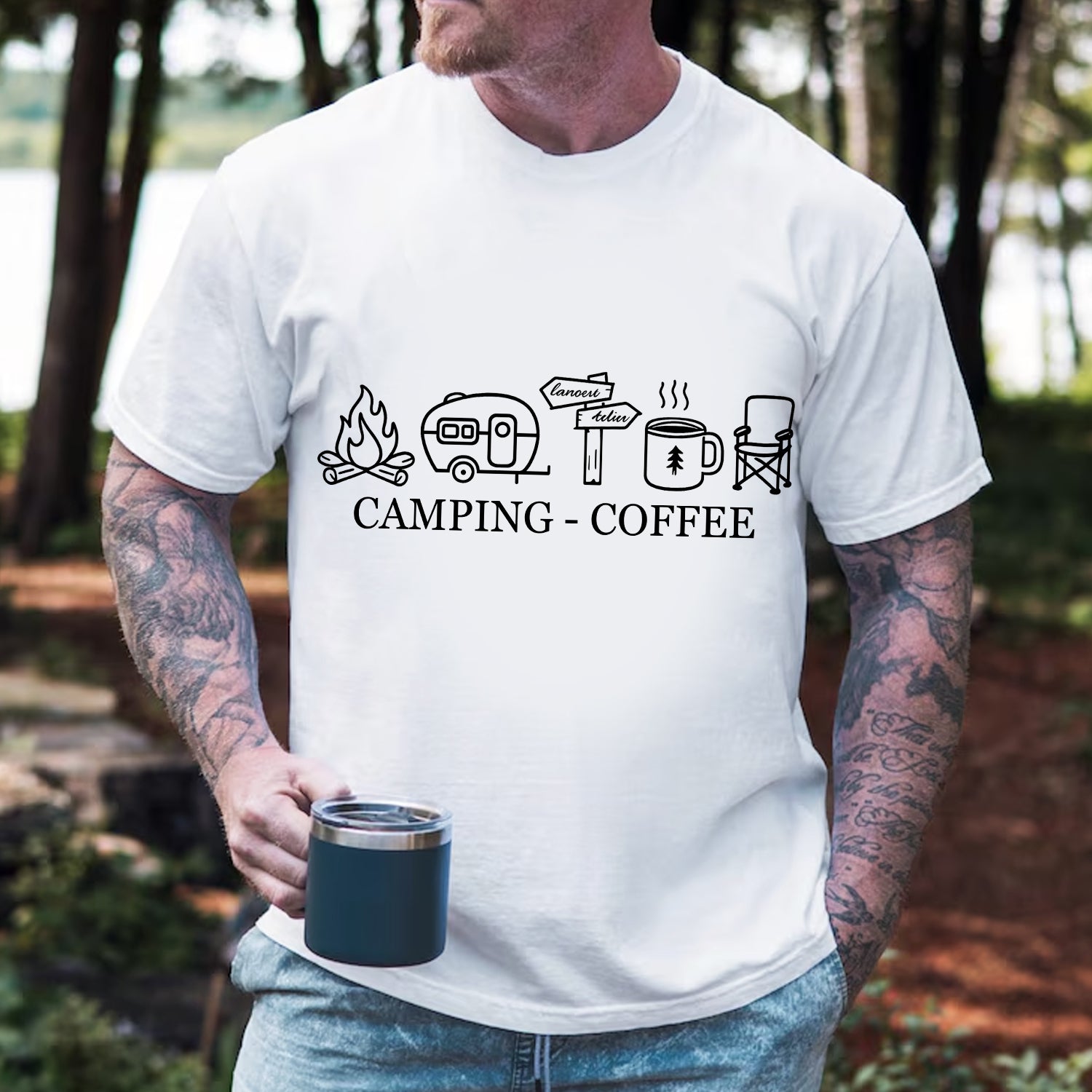 Camping Coffee T-Shirt – Minimal Camping Shirt, Campfire Coffee Lover Gift for Men & Women