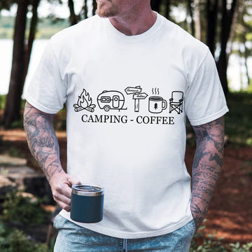 Camping Coffee T-Shirt – Minimal Camping Shirt, Campfire Coffee Lover Gift for Men & Women
