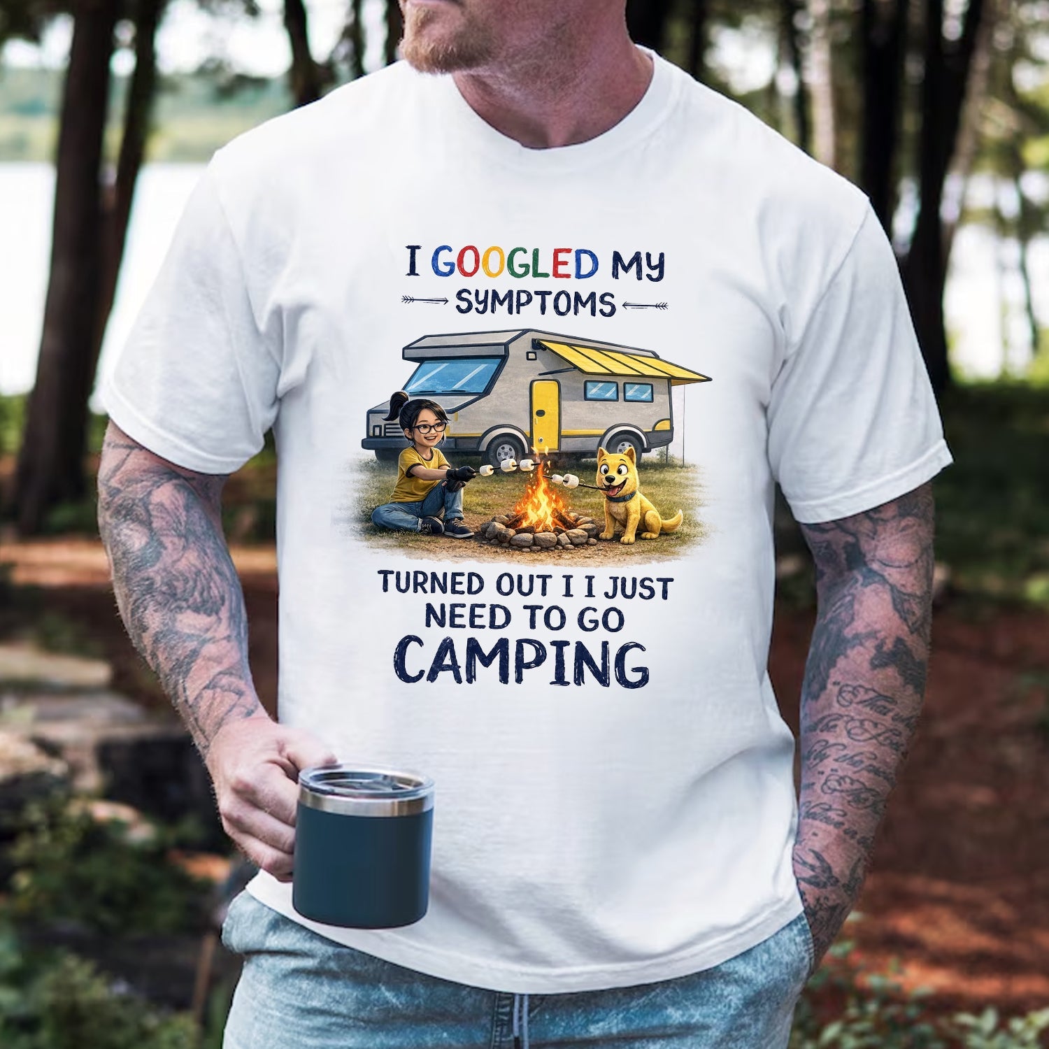 Funny Camping Quote T-Shirt – I Googled My Symptoms Graphic Tee, Cute Camper Van & Campfire Design Shirt, Outdoor Adventure Humor Apparel