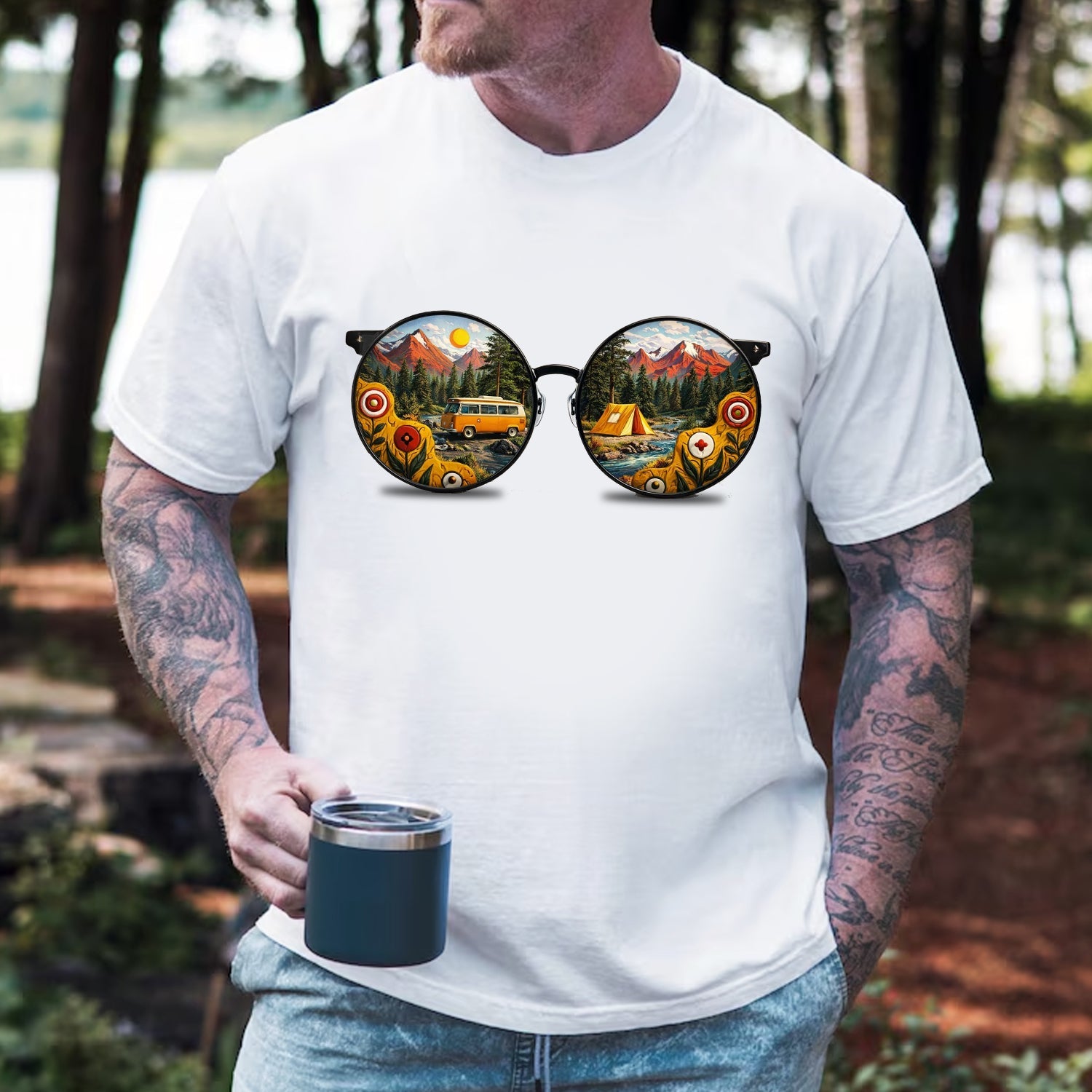 Camping Sunglasses Reflection T-Shirt – Vintage Van & Tent Mountain Scene Graphic Tee, Outdoor Adventure Nature Shirt, Camping & Travel Lover Apparel