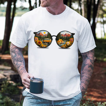 Camping Sunglasses Reflection T-Shirt – Vintage Van & Tent Mountain Scene Graphic Tee, Outdoor Adventure Nature Shirt, Camping & Travel Lover Apparel