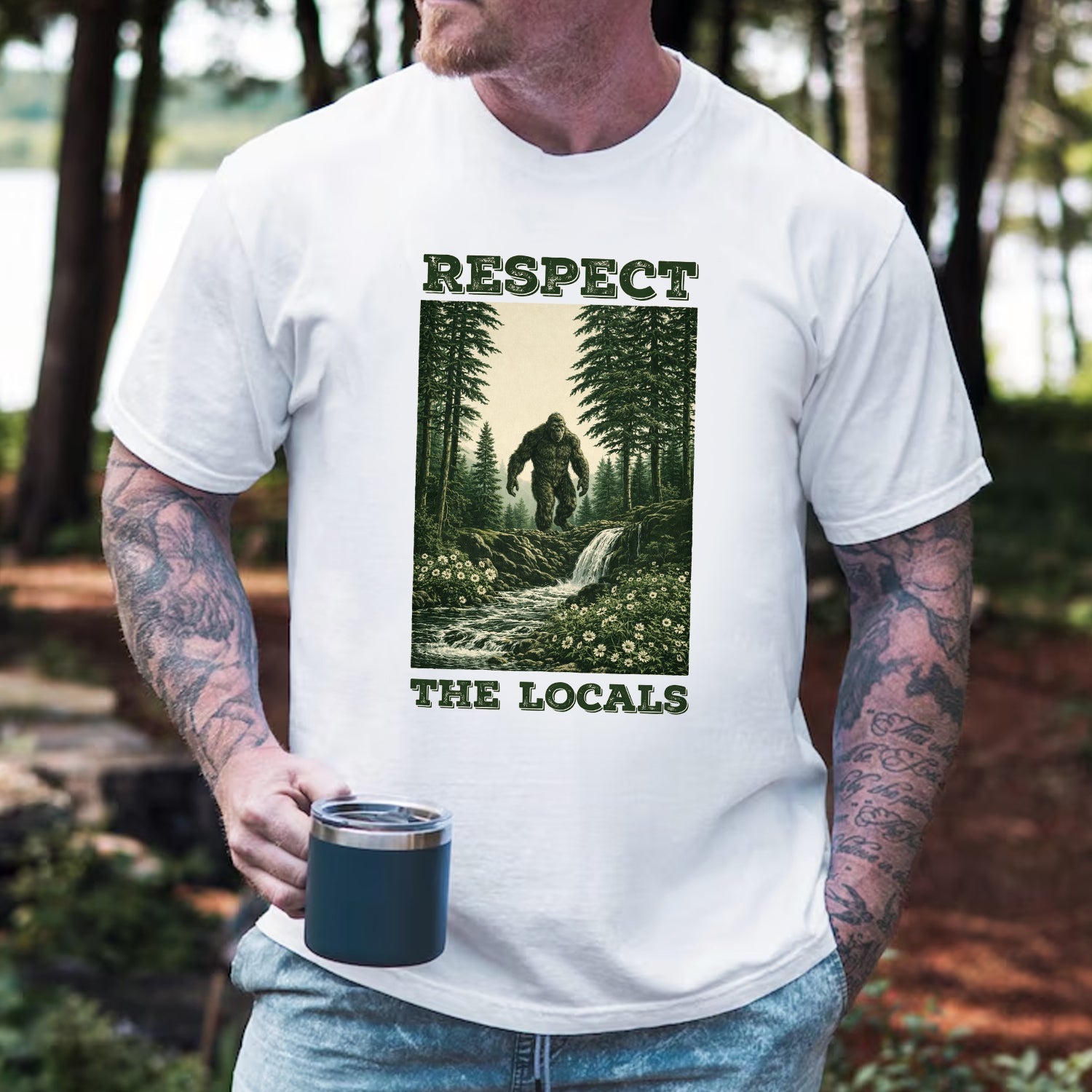 Respect The Locals Bigfoot T-Shirt, Sasquatch Forest Waterfall Graphic Tee, Funny Wilderness Outdoor Nature Shirt
