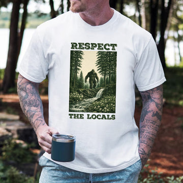 Respect The Locals Bigfoot T-Shirt, Sasquatch Forest Waterfall Graphic Tee, Funny Wilderness Outdoor Nature Shirt