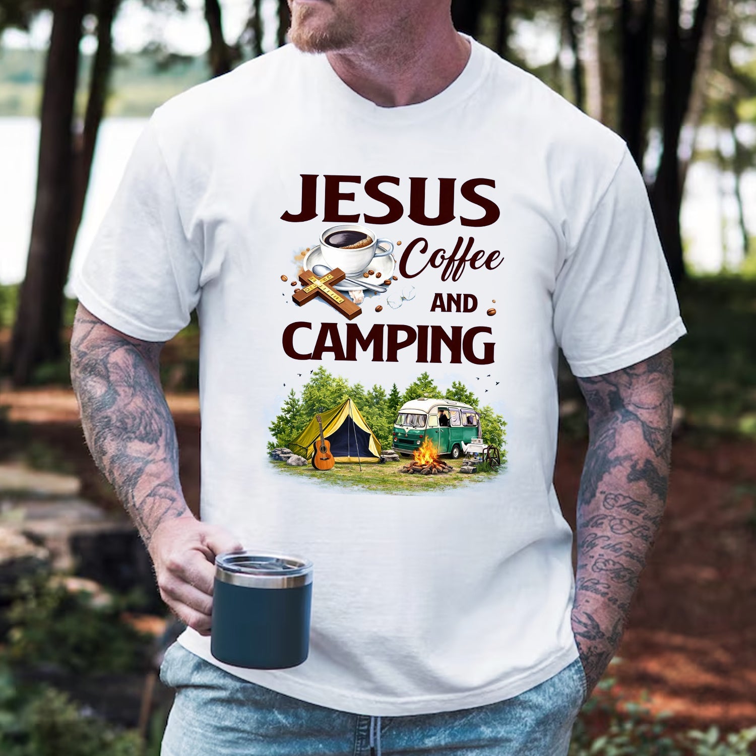 Jesus Coffee Camping T-Shirt – Christian Outdoor Graphic Tee, Faith-Inspired Camping & Coffee Lover Shirt, Nature Adventure Lifestyle Apparel