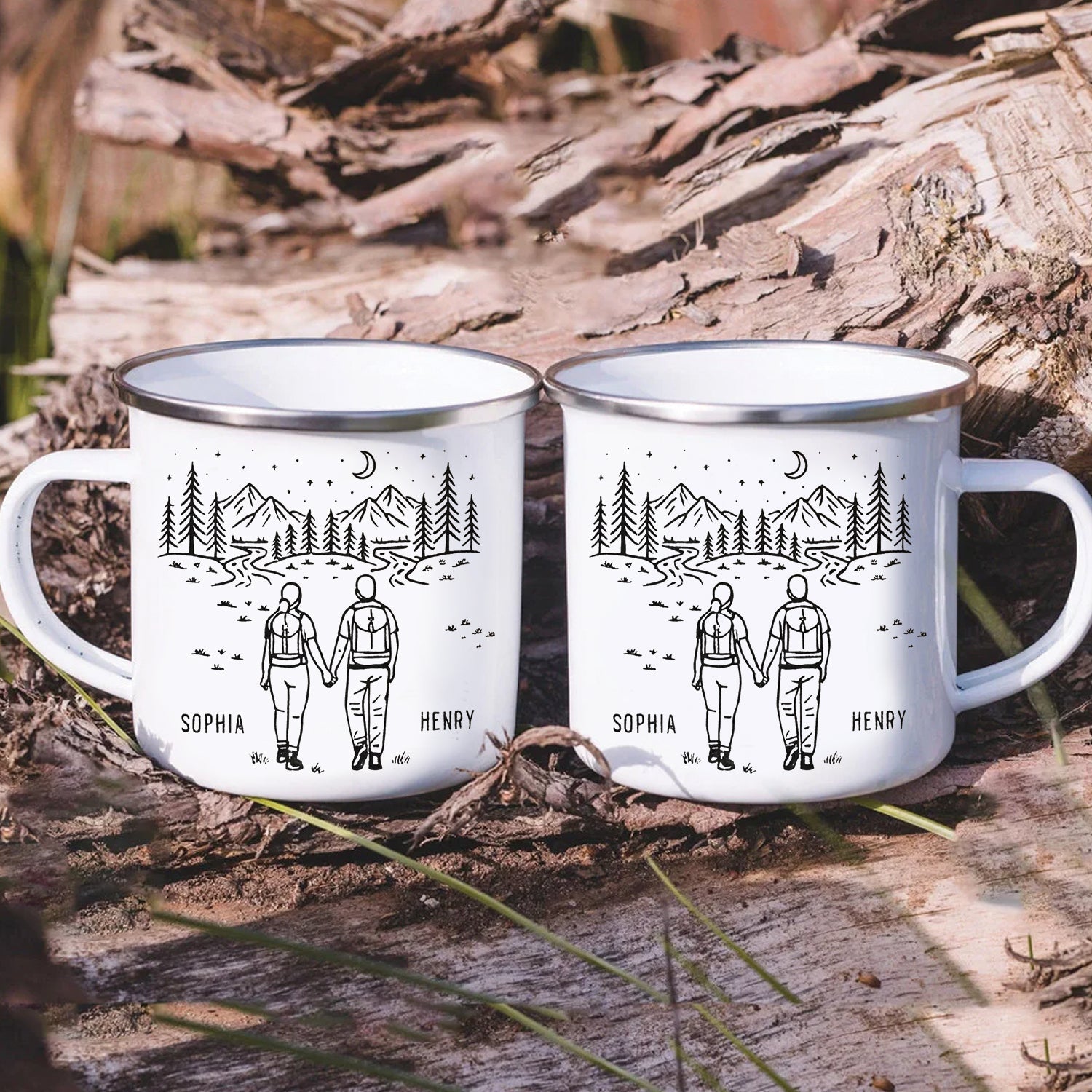 Personalized Couple Camping Mug – Custom Name Coffee Mug, Romantic Hiking Gift for Couples