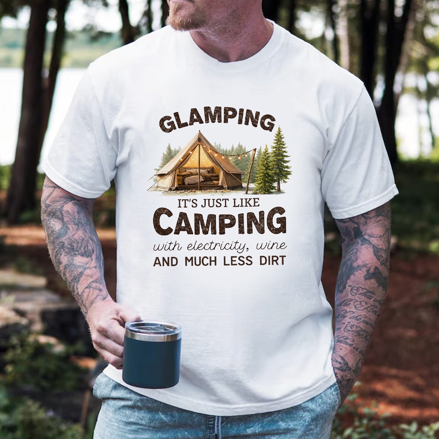 Glamping Funny T-Shirt – Camping With Electricity Wine Shirt, Glam Outdoor Humor Tee